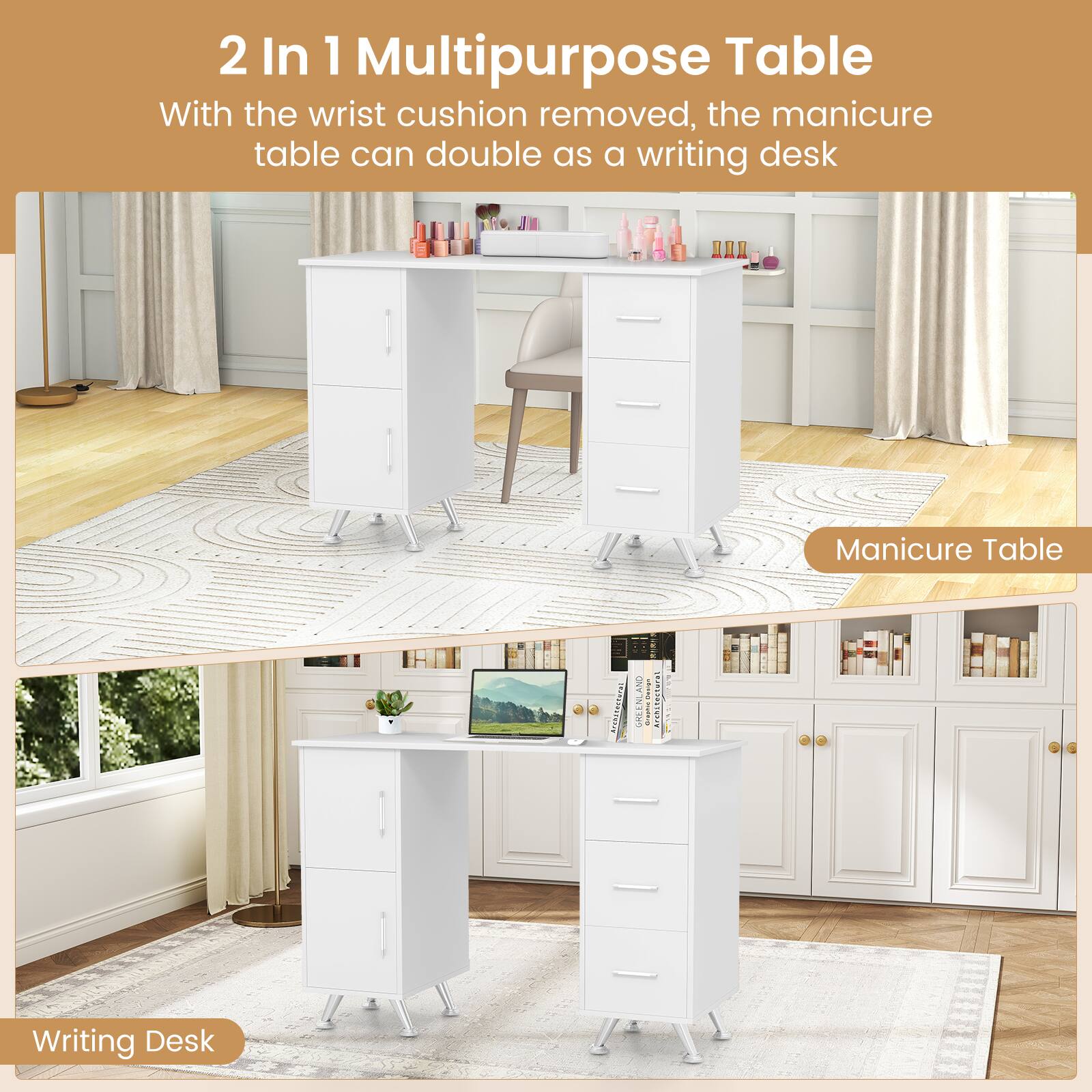 2 In 1 Multipurpose Table

With the wrist cushion removed, the manicure table can double as a writing desk

Manicure Table

Writing Desk