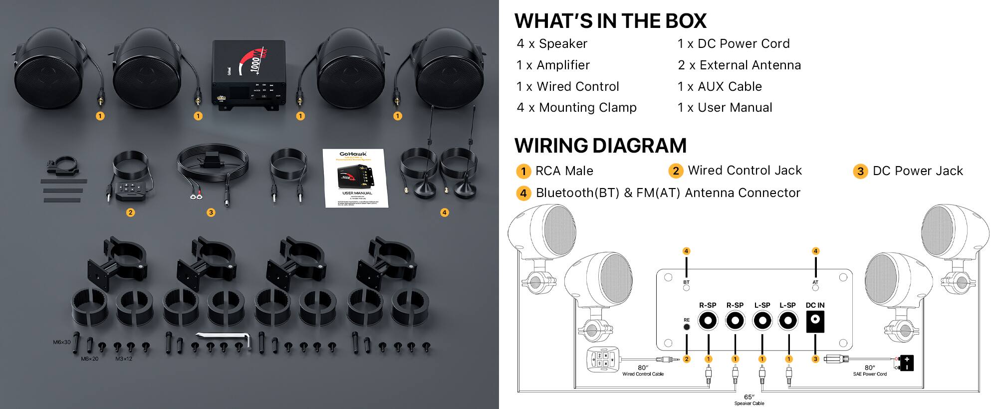 GoHawk Bluetooth Motorcycle Speakers: 1000W Amplifier, 4 Speaker