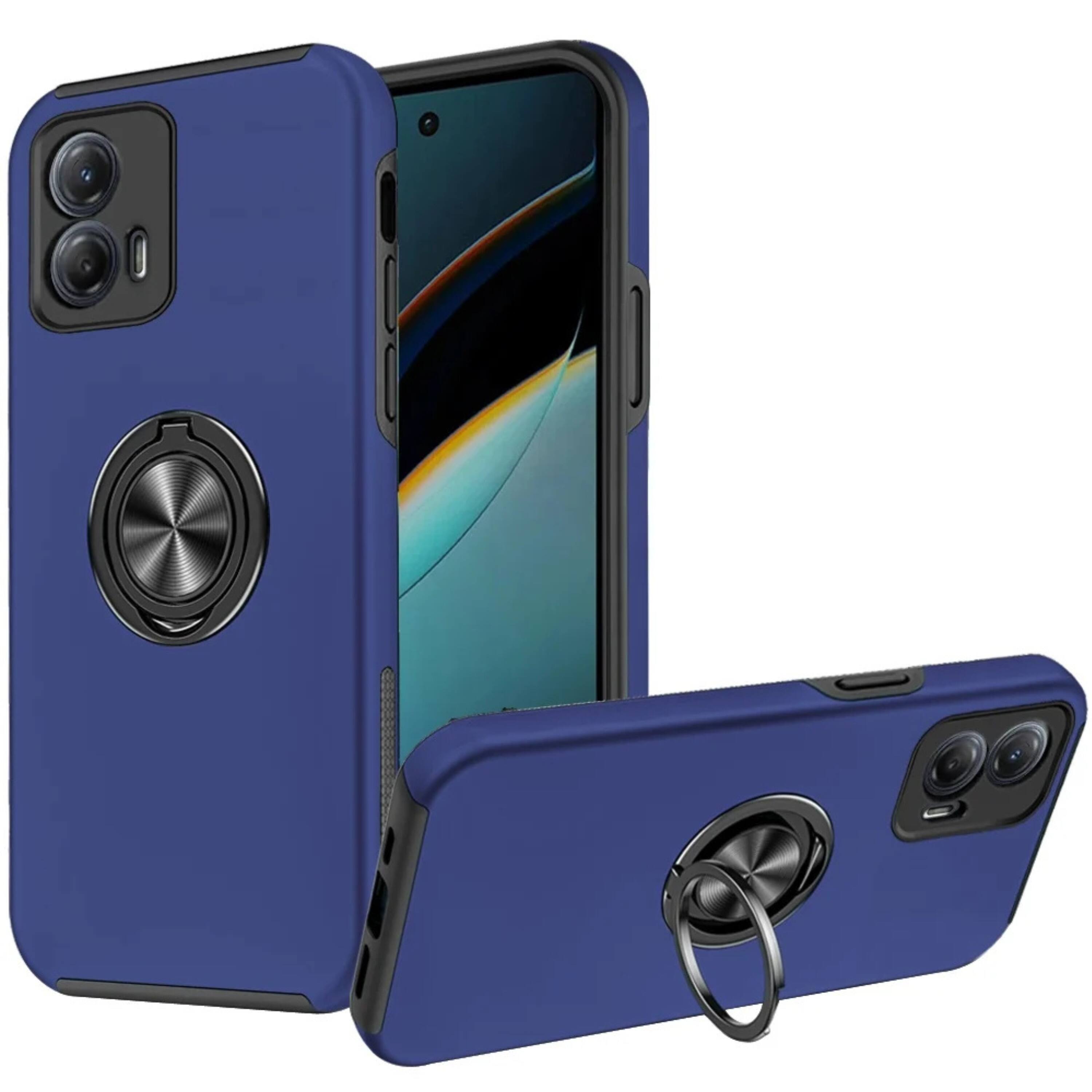 Front. Kitcheniva - Rubber Dual Layer Case For Moto G Power 5G 2024 With Magnetic Ring Stand And Tempered Glass Blue - Dark Blue.