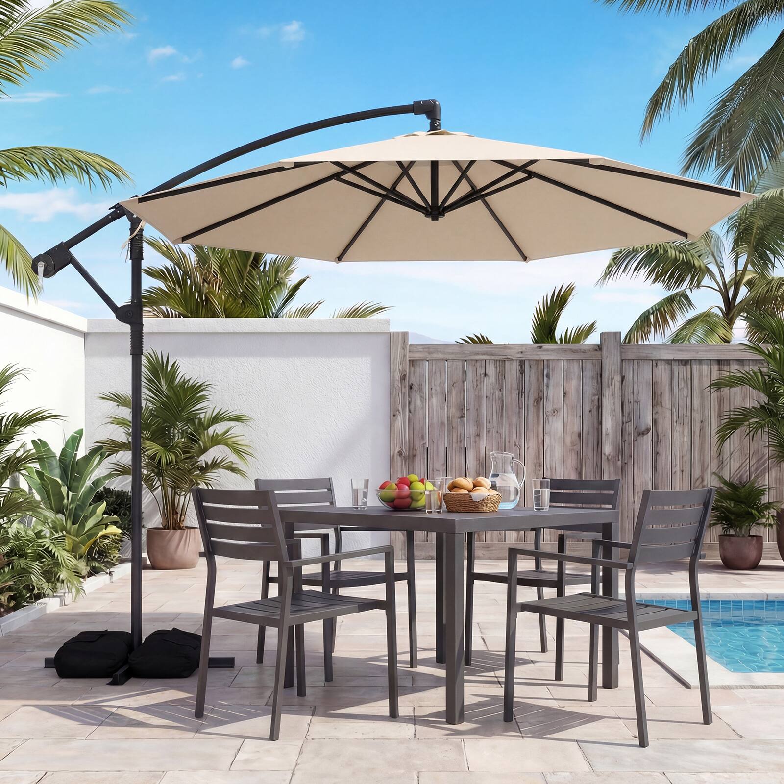 Alt View 1. Costway - Costway 10 FT Offset Hanging Umbrella with Base Patio Cantilever Umbrella 360° Rotation - Beige.