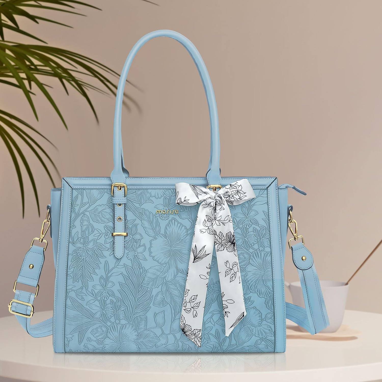 Left. mosiso - Laptop Bag for Women 15-15.6 inch PU Leather Tote Bag Work Briefcase Computer Bags - Air Blue.