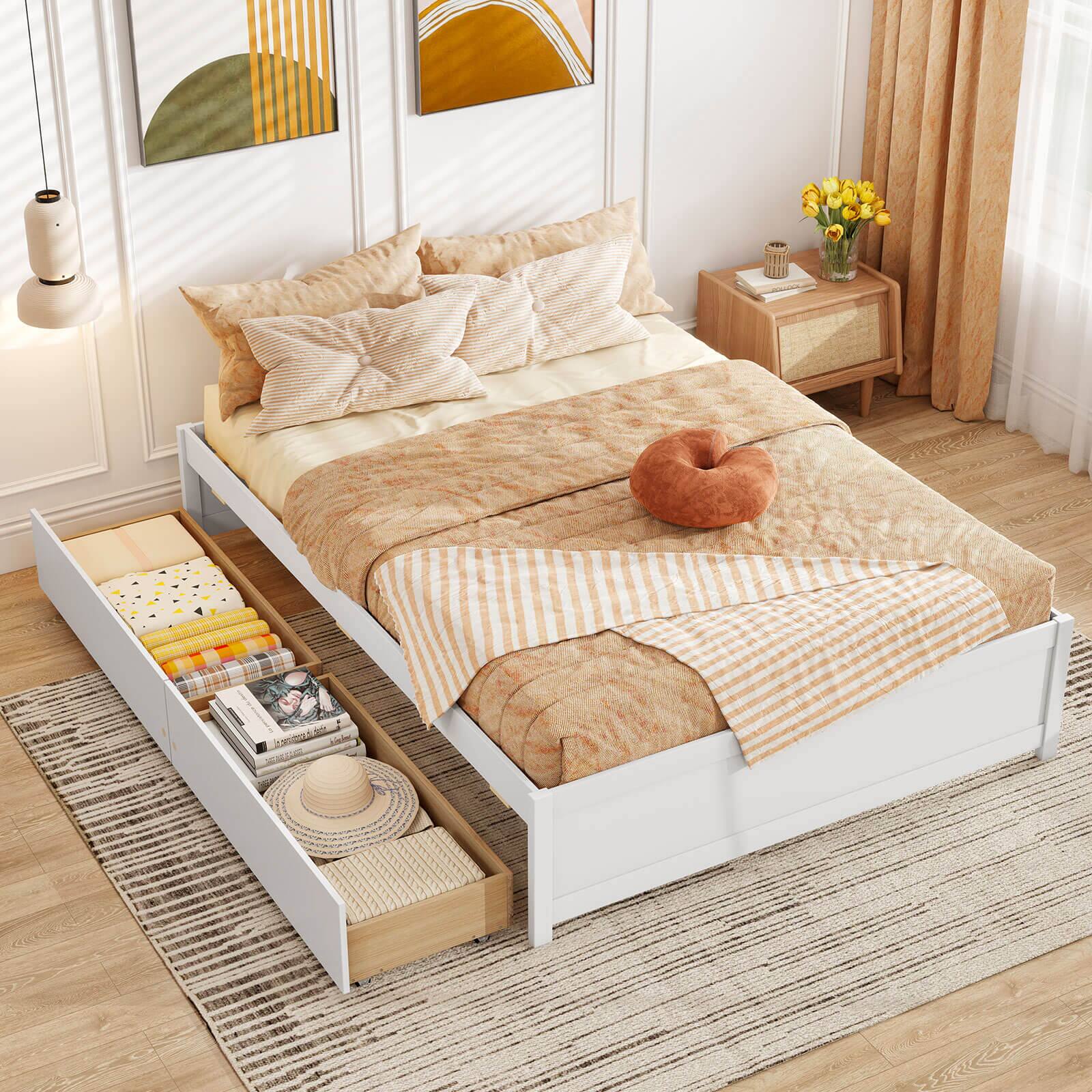 Alt View 1. Costway - Costway Full Size Wooden Platform Bed with 2 Rolling Storage Drawers Wood Slat Support - White.
