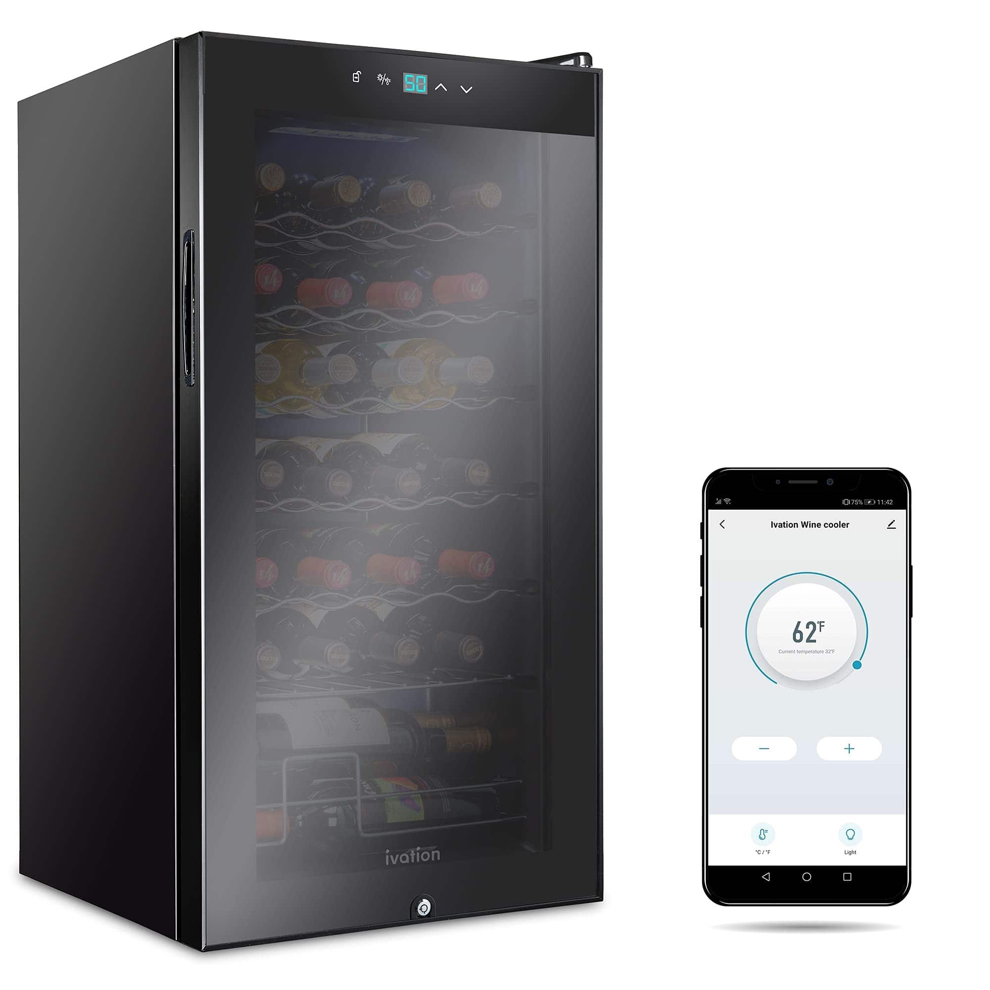 Ivation - 28 Bottle Freestanding Wine Refrigerator, Wine Fridge with Wi-Fi Smart App Control - Black