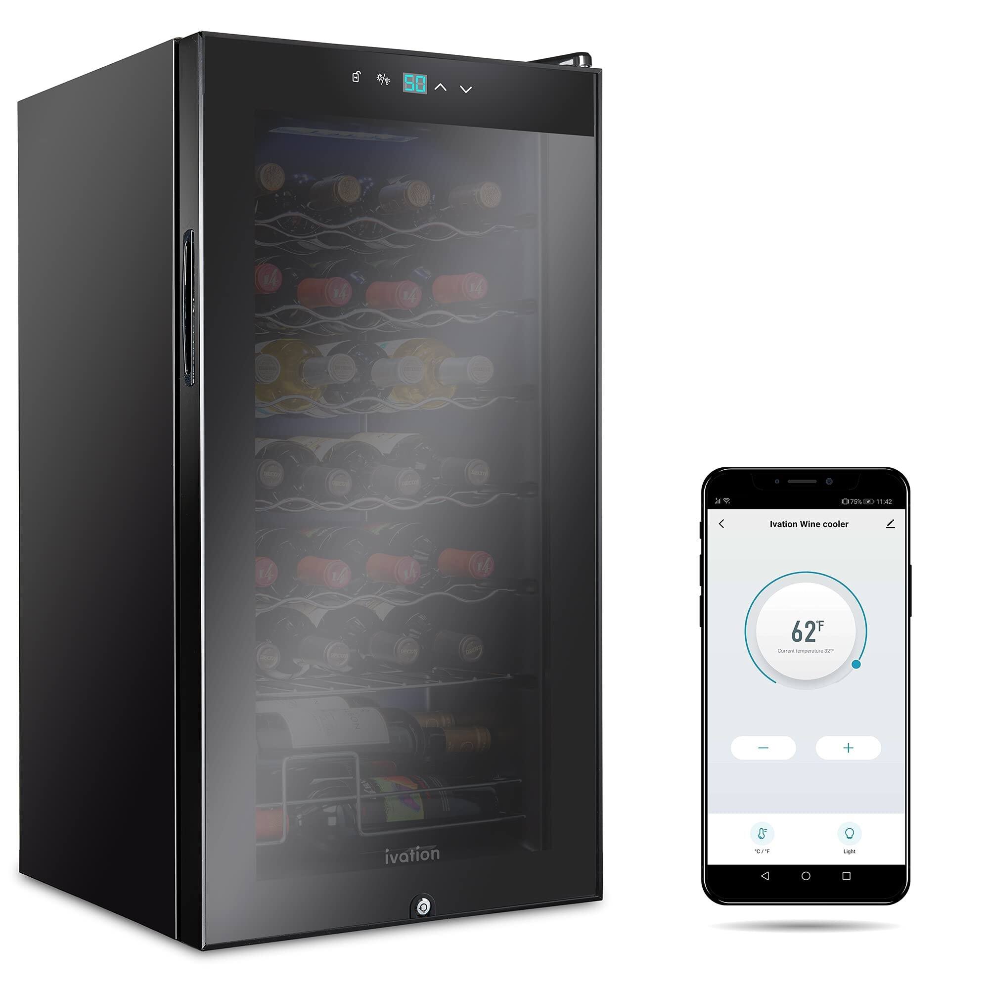 Ivation - 28 Bottle Freestanding Wine Refrigerator, Wine Fridge with Wi-Fi Smart App Control - Black