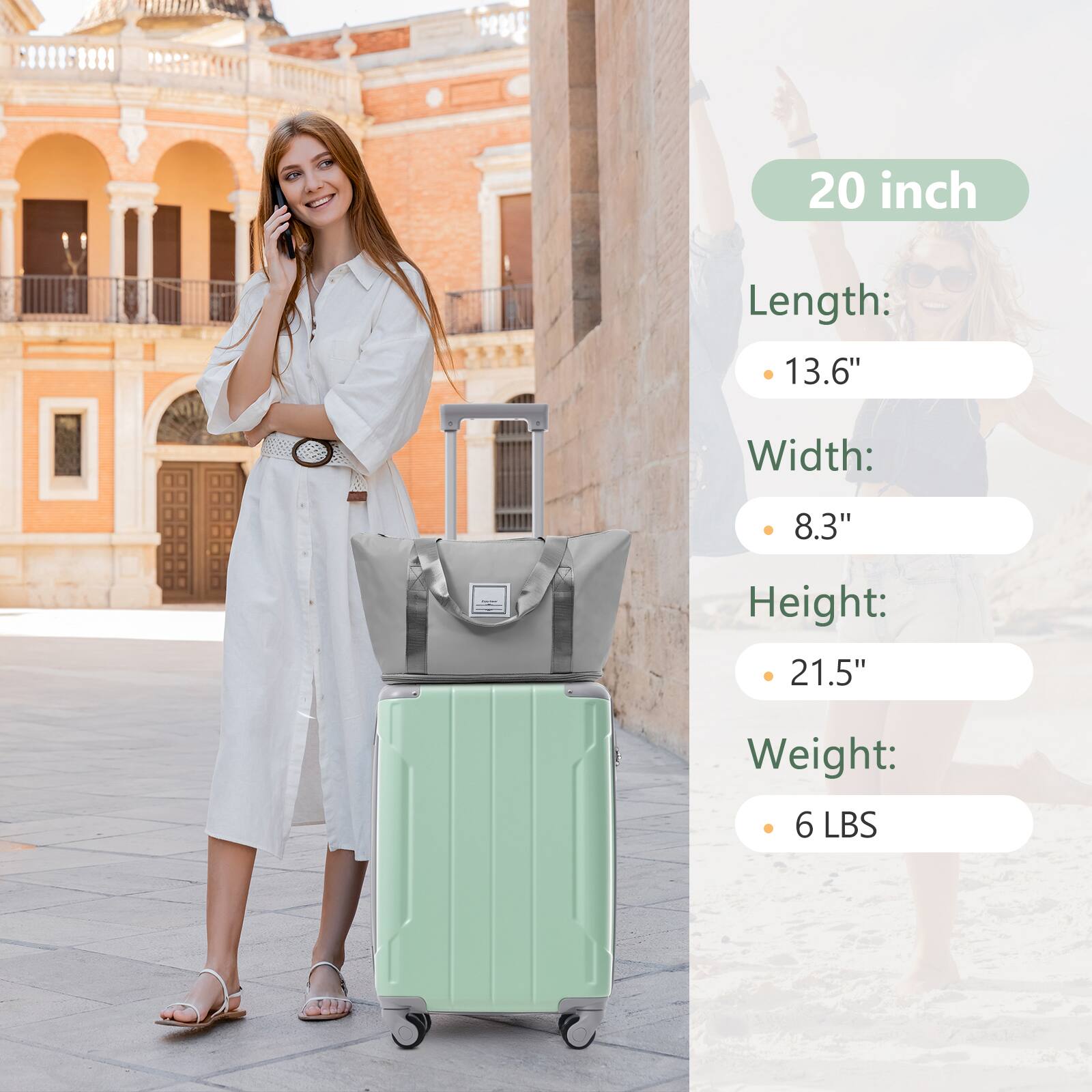 20 inch  
Length: 13.6"  
Width: 8.3"  
Height: 21.5"  
Weight: 6 LBS