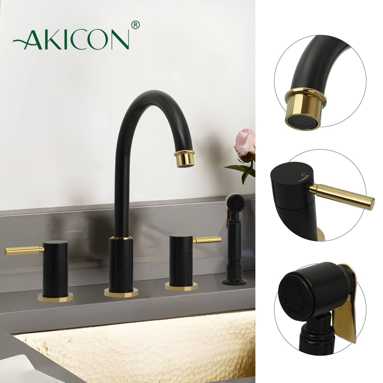 Alt View 2. Akicon - Akicon Solid Brass Double-Handle 360° Swivel Widespread Kitchen Faucet with Side Sprayer in Matte Black & Gold - Matte Black & Gold.
