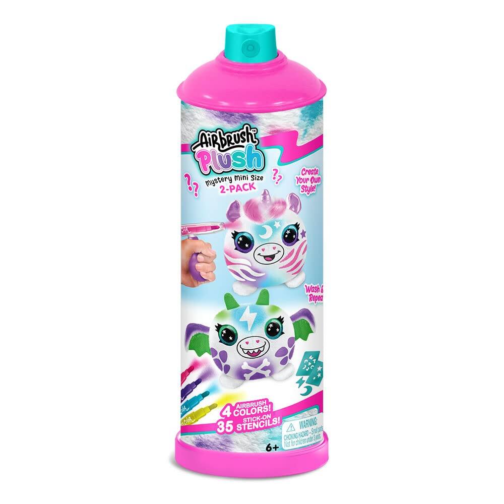 Airbrush Plush Mystery Mini Size 2-Pack  
Create Your Own Style  
Wash & Repeat  
Airbrush 4 Colors!  
Stick-On Marving 35 Stencils!  
Choking Hazard: Small Parts. Not for children under 3 years.  
6+