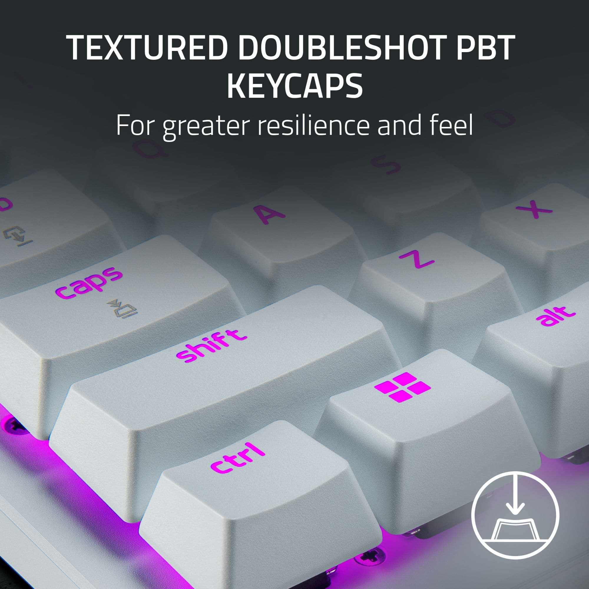 Textured DoubleShot PBT Keycaps are designed for greater resilience and feel. They feature a unique texture that enhances grip and durability, making them an excellent choice for mechanical keyboards. The keycaps include the following keys: Q, W, E, A, S, D, Shift, Ctrl, and Alt. These keycaps are compatible with most mechanical keyboards and can provide a more comfortable and responsive typing experience.