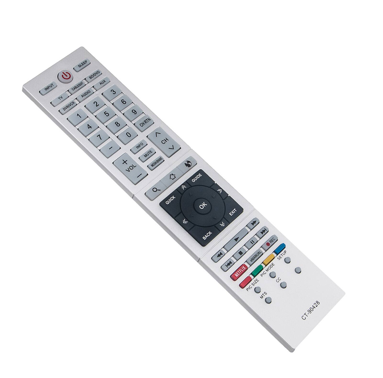 Sure, here is the corrected and grouped text from the image:

---

**Top Section:**
- SLEEP
- POWER
- B/DVDR
- A/V
- INPUT
- TV
- DVR
- AUDIO
- 1 2 3 4 5 6 7 8 9 0
- CHRTN
- CH
- INFO
- MUTE
- VOL +
- VOL -
- GUIDE
- Q
- QUICK
- OK
- EXIT
- BACK
- REC
- MANUAL
- SETUP
- NETFLIX
- PIC MODE
- PIC SIZE
- CC
- MTS
- CT-90428

**Bottom Section:**
- (Various colored buttons for different functions)

---