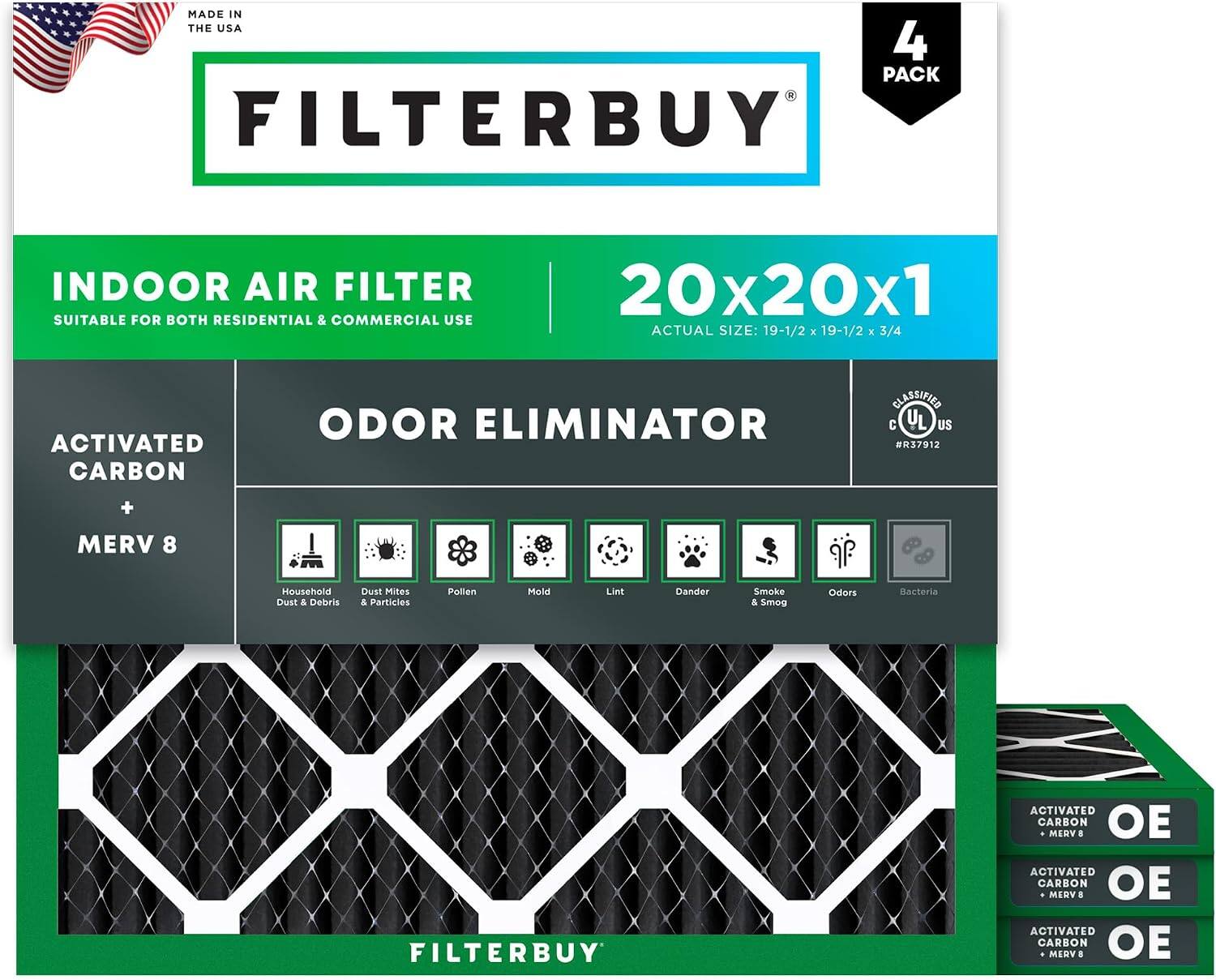 Filterbuy - 20x20x1 MERV 10 Odor & Allergy Defense, Electrostatic Pleated HVAC AC Furnace Air Filters Replacement (4-Pack) - Black