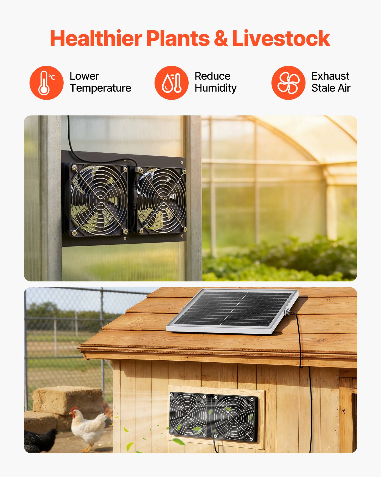 Healthier Plants & Livestock  
- Lower Temperature  
- Reduce Humidity  
- Exhaust Stale Air
