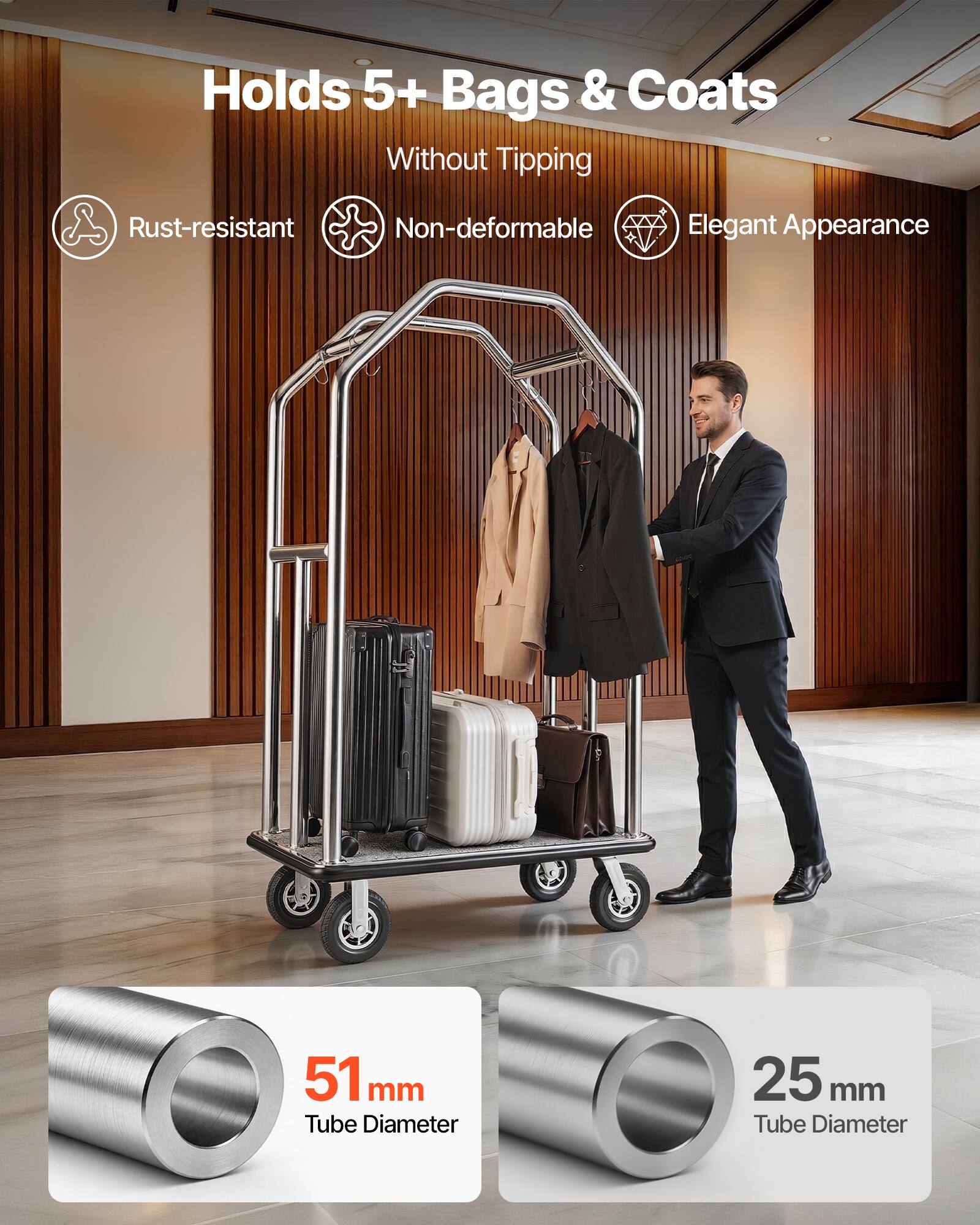 Holds 5+ Bags & Coats Without Tipping  
Rust-resistant  
Non-deformable  
Elegant Appearance  
51 mm Tube Diameter  
25 mm Tube Diameter
