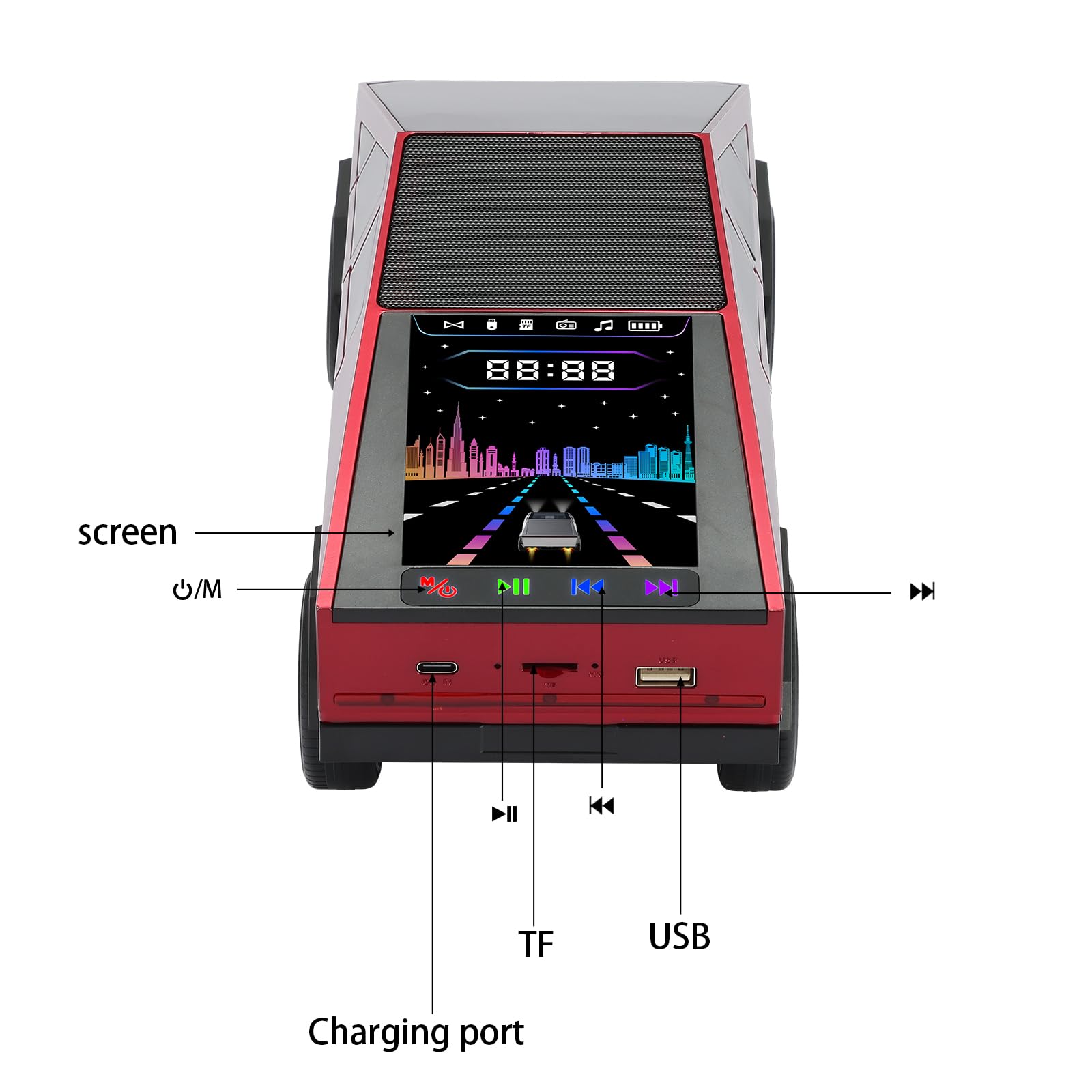 - Screen
- Power/Mute
- Play/Pause
- Forward
- USB
- TF
- Charging port