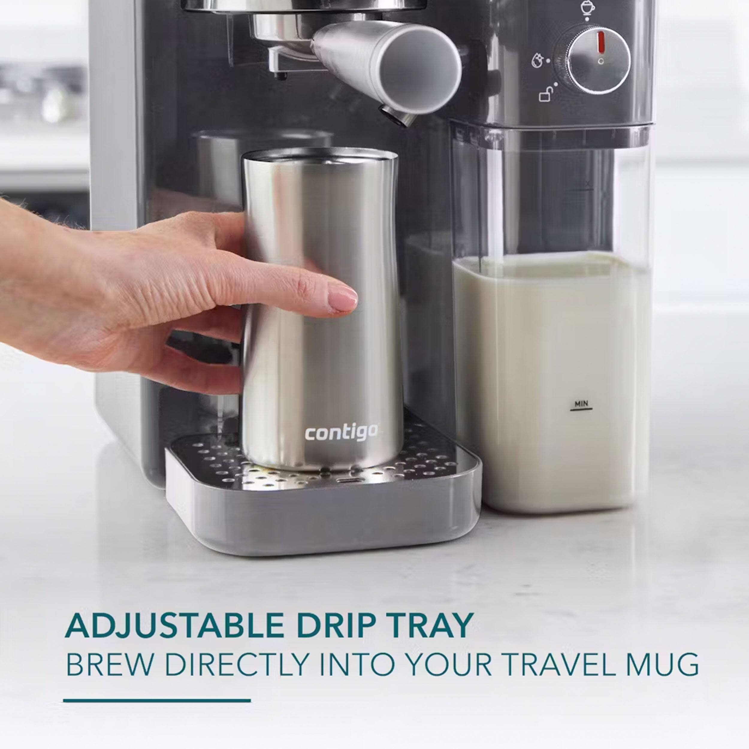MIN contiga ADJUSTABLE DRIP TRAY BREW DIRECTLY INTO YOUR TRAVEL MUG