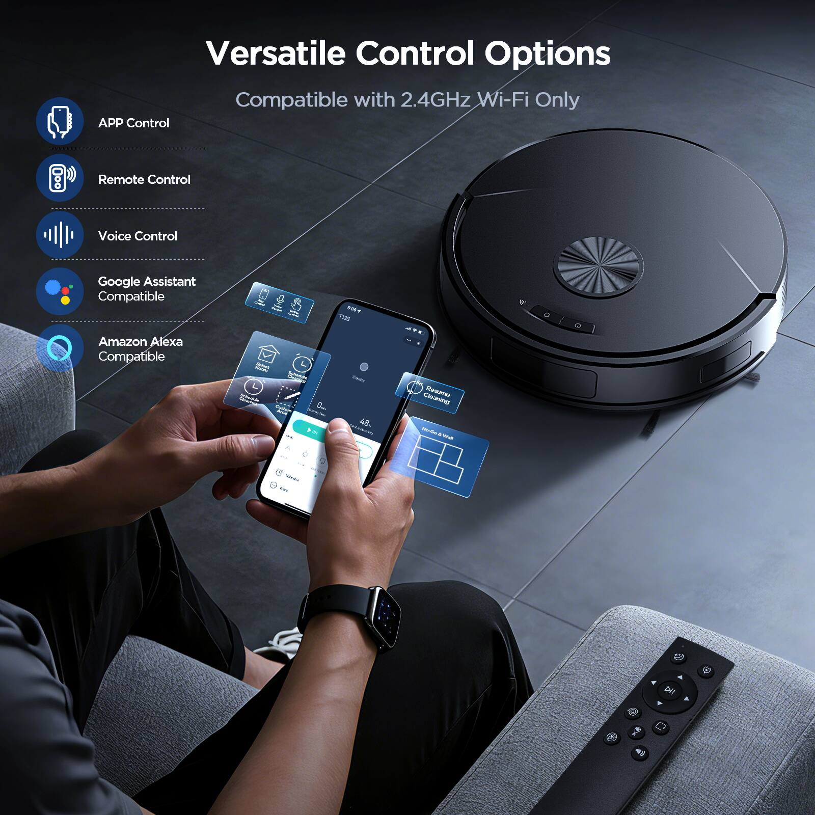 Versatile Control Options  
Compatible with 2.4GHz Wi-Fi Only  
- APP Control  
- Remote Control  
- Voice Control  
- Google Assistant Compatible  
- Amazon Alexa Compatible