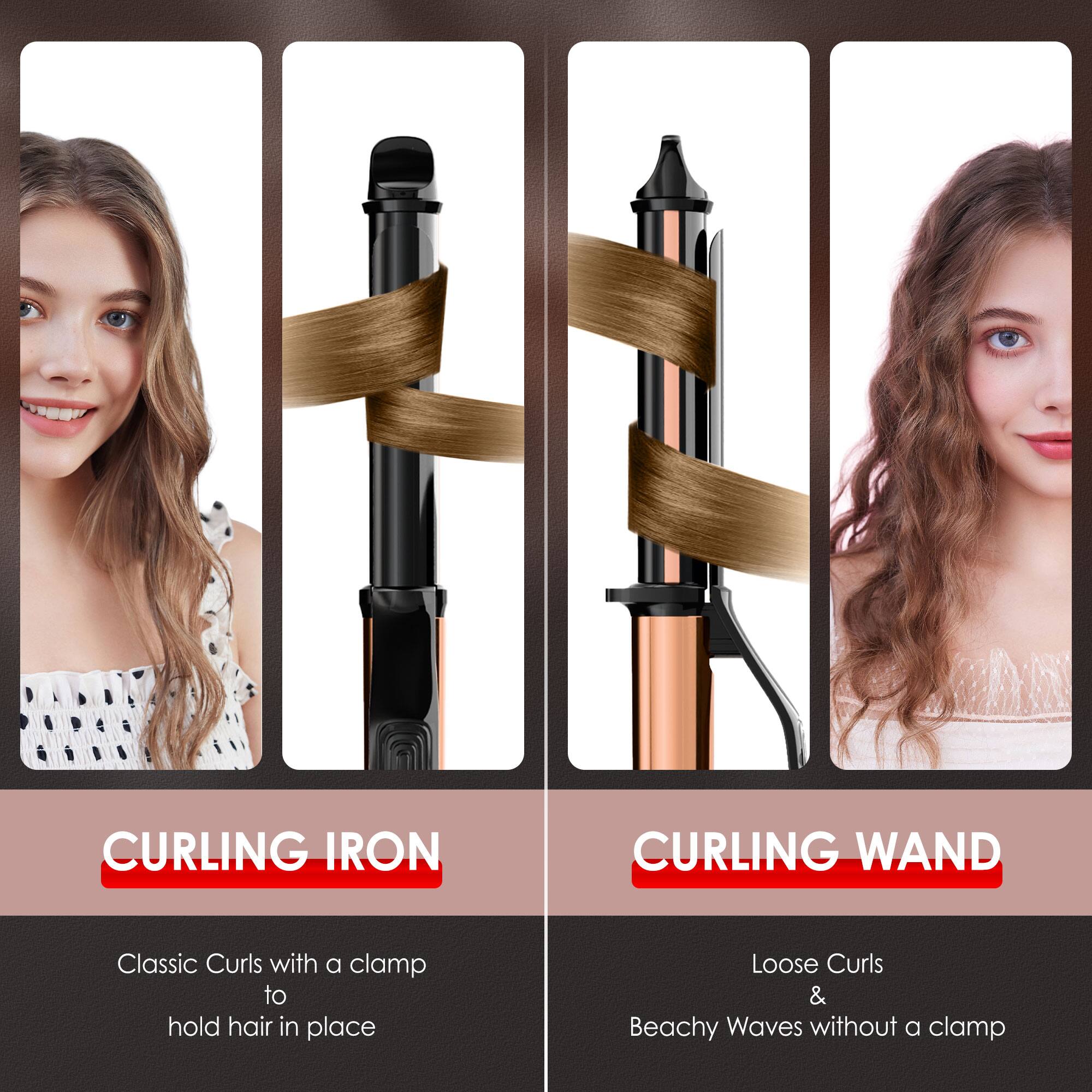 CURLING IRON  
Classic Curls with a clamp to hold hair in place  

CURLING WAND  
Loose Curls & Beachy Waves without a clamp