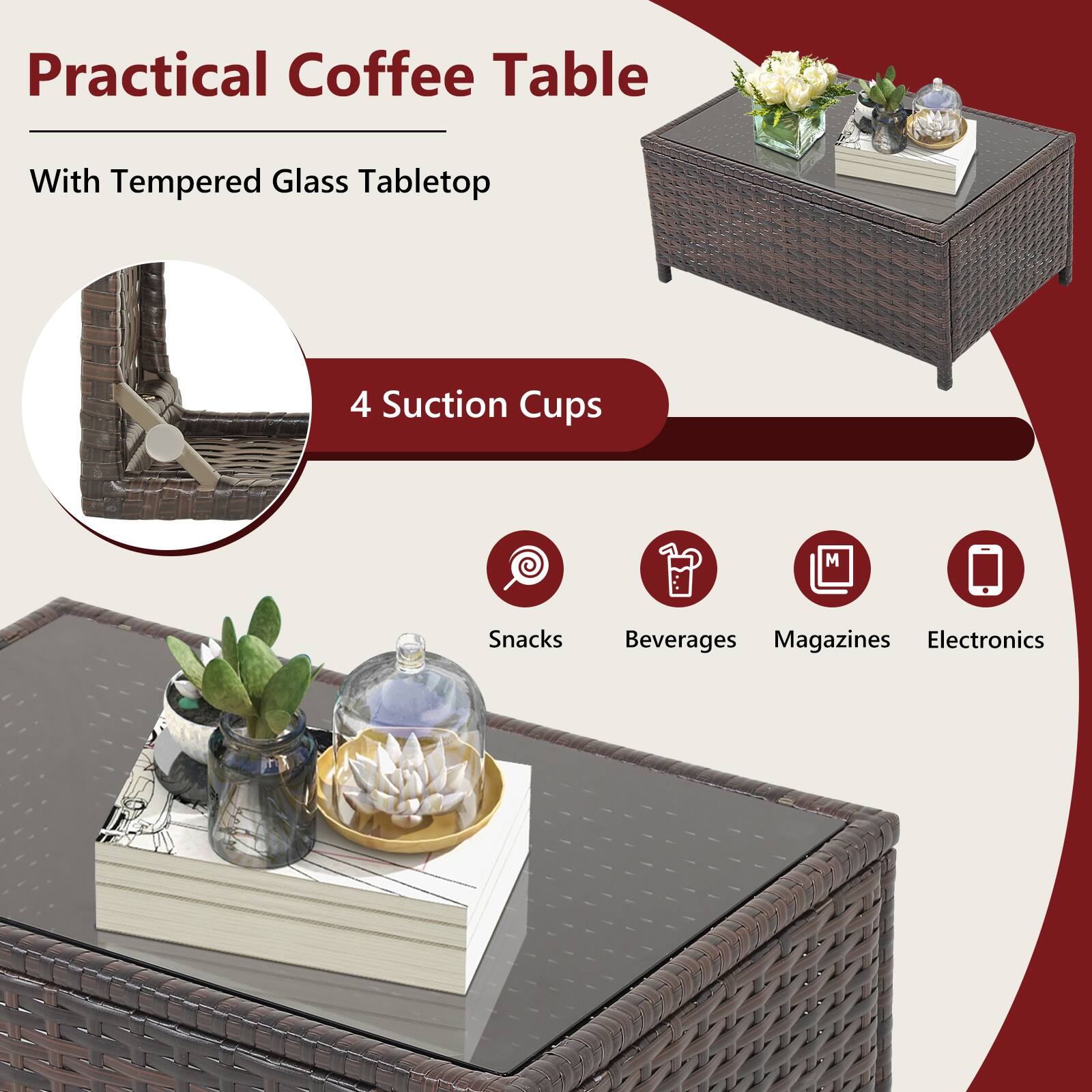 Practical Coffee Table With Tempered Glass Tabletop, 4 Suction Cups, Snacks, Beverages, Magazines, Electronics