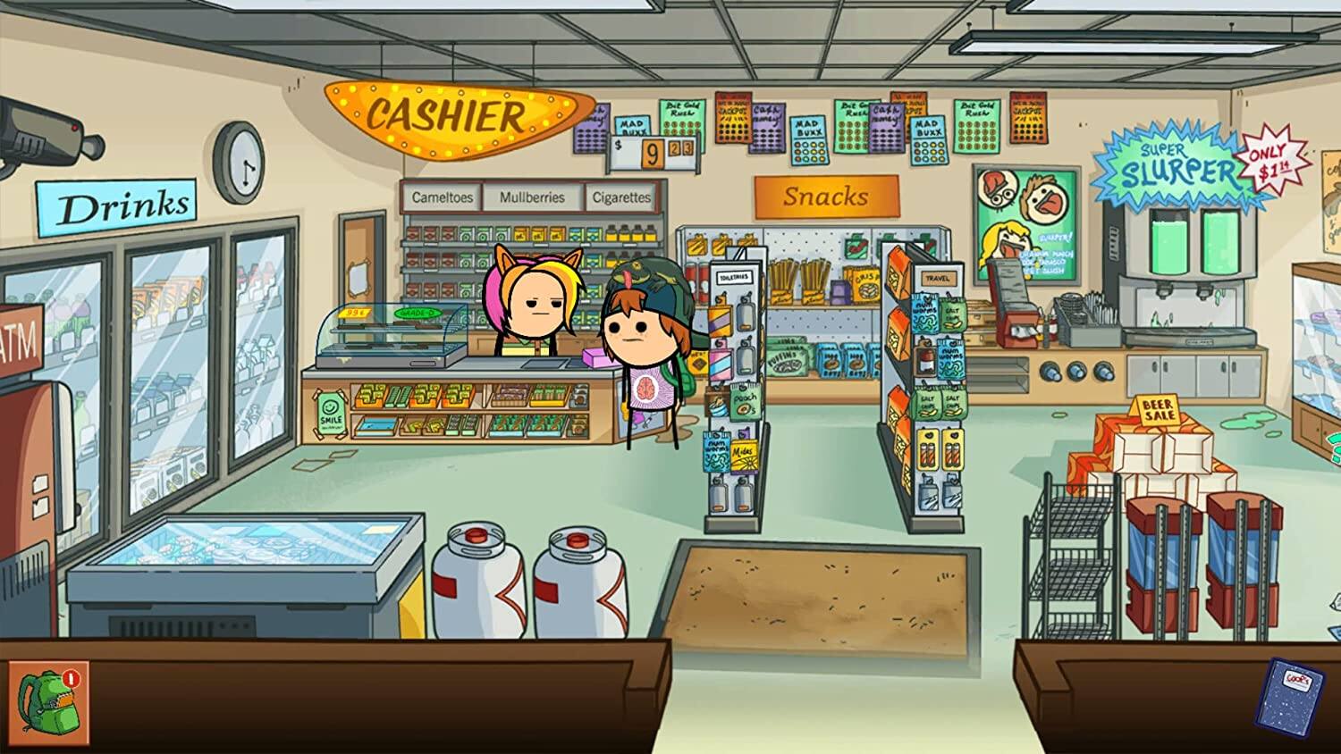 Drinks  
Cigarettes  
Cameltoes  
Mulberries  
Snacks  
Super Slurper $1.99  
ATM  
Cashier  
$9  
Only $1.99  
Sale  
Salt Beer  
Gook's