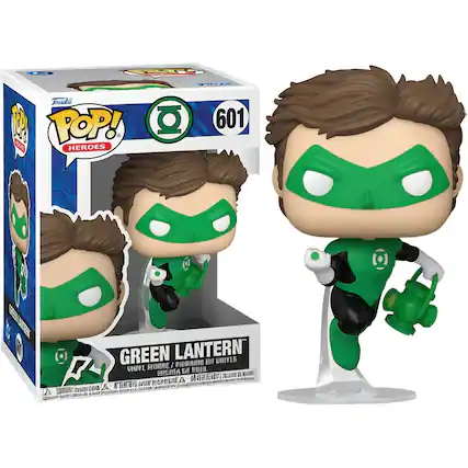 Sure, here is the corrected and grouped text from the image:
---
**Top Left:**
- POP! HEROES
- 601
**Top Center:**
- GREEN LANTERN
**Bottom Left:**
- GREEN LANTERN
- VINYL FIGURE / FIGURINE EN VINYLE
- COLLECTIBLE / COLLECTIBLE
- 4 INCH / 10 CM
**Bottom Center:**
- DC COMICS
**Bottom Right:**
- WARNING: CHOKING HAZARD - Small parts. Not for children under 3 years.
- WARNING: CHOKING HAZARD - Pequeñas piezas. No es para niños menores de 3 años.
- ADVERTENCIA: PELIGRO DE AHOGO - Piezas pequeñas. No es para niños menores de 3 años.
**Bottom Center (on the box):**
- © 2015 DC COMICS
- © 2015 FUNKO
---