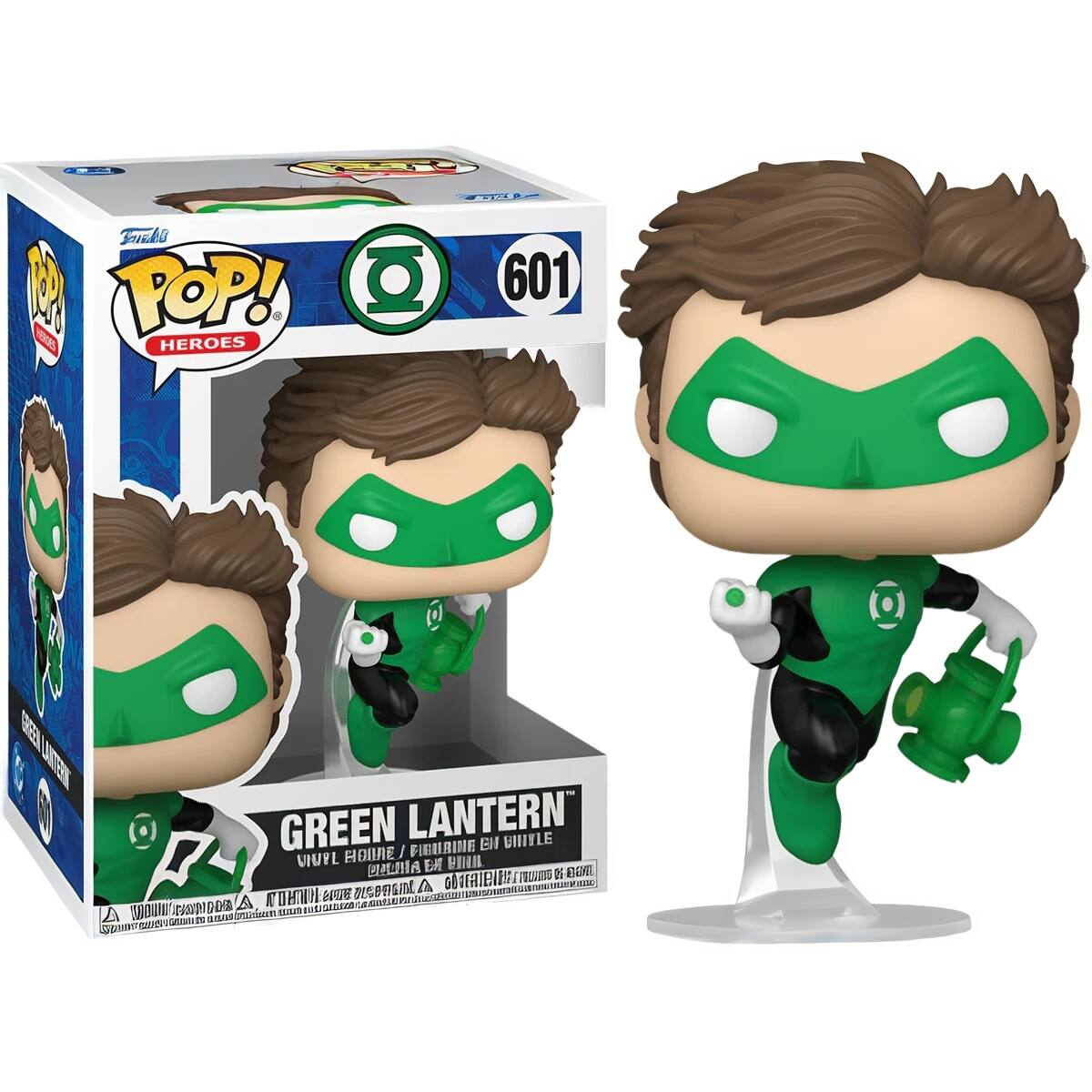 Sure, here is the corrected and grouped text from the image:

---

**Top Left:**
- POP! HEROES
- 601

**Top Center:**
- GREEN LANTERN

**Bottom Left:**
- GREEN LANTERN
- VINYL FIGURE / FIGURINE EN VINYLE
- COLLECTIBLE / COLLECTIBLE
- 4 INCH / 10 CM

**Bottom Center:**
- DC COMICS

**Bottom Right:**
- WARNING: CHOKING HAZARD - Small parts. Not for children under 3 years.
- WARNING: CHOKING HAZARD - Pequeñas piezas. No es para niños menores de 3 años.
- ADVERTENCIA: PELIGRO DE AHOGO - Piezas pequeñas. No es para niños menores de 3 años.

**Bottom Center (on the box):**
- © 2015 DC COMICS
- © 2015 FUNKO

---