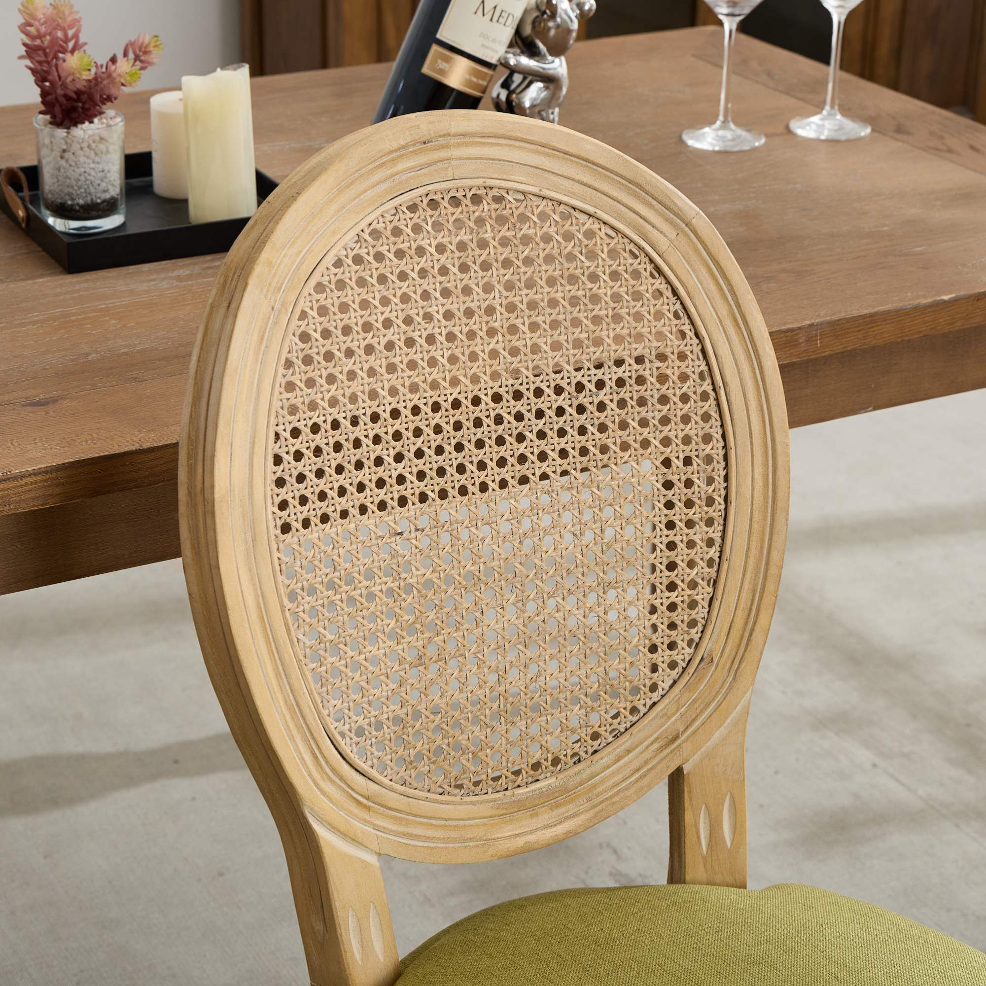 Alt View 6. GOODSILO - French Style Solid Wood Dining Chairs with Linen Upholstery and Rattan Backrest, Set of 2 - Olive Green.