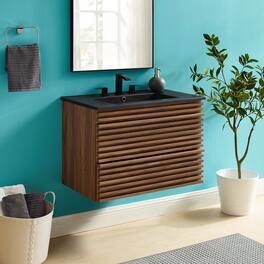 Modway - Render Wall-Mount Bathroom Vanity with Black Basin Included - Walnut Black