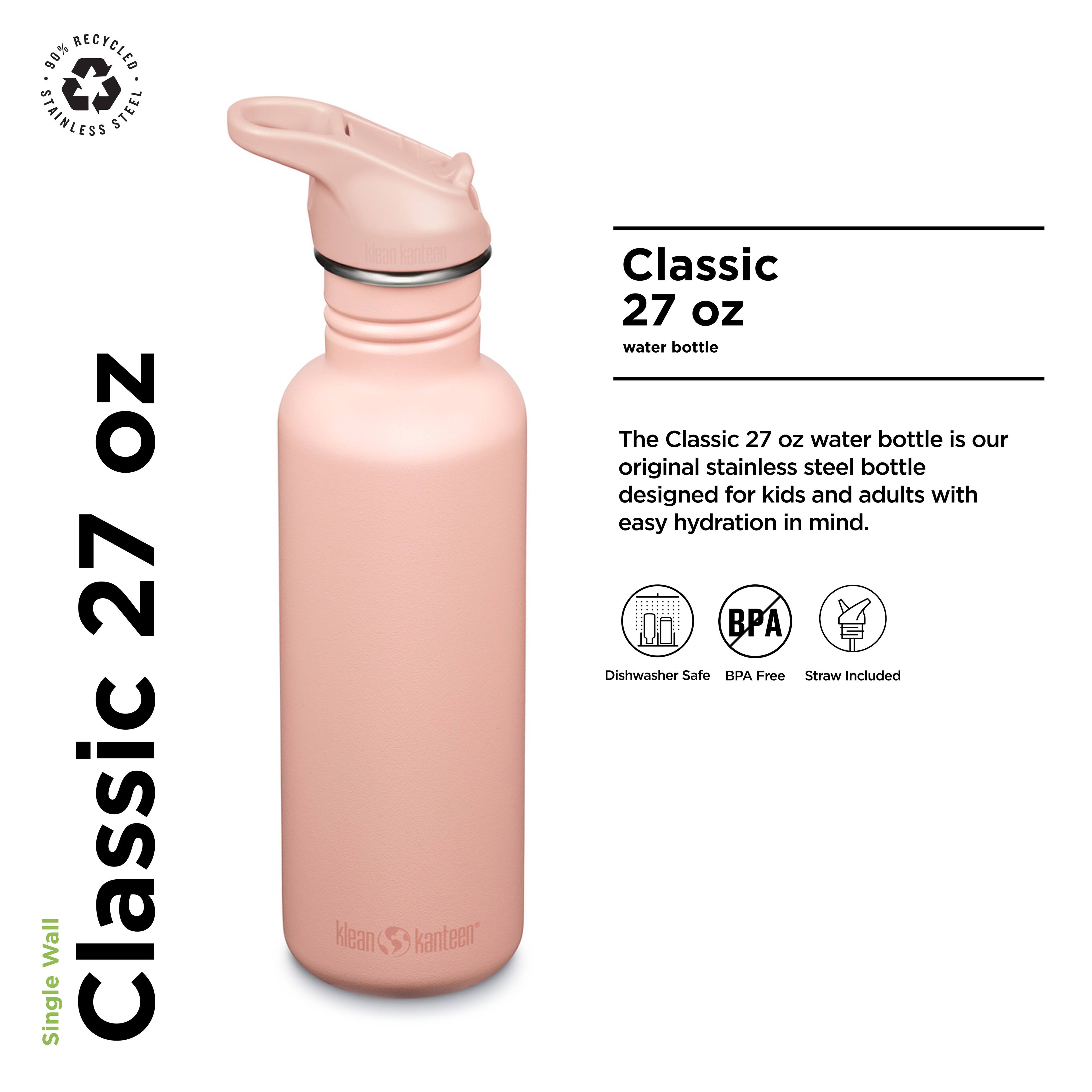 90% RECYCLED STAINLESS STEEL  
NO 27 Single Wall Classic klean kanteen*  
Classic 27 oz water bottle  

The Classic 27 oz water bottle is our original stainless steel bottle designed for kids and adults with easy hydration in mind.  

- BPA Free  
- Dishwasher Safe  
- Straw Included  

*100% RECYCLED STAINLESS STEEL