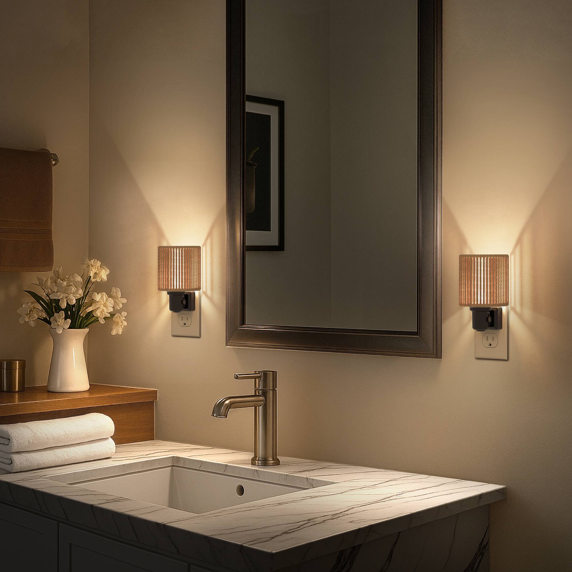 Alt View 3. Jandcase - JANDCASE 2-Pack 1W  Plug-in Night Light, 3000K Warm Glow, Boho Rope Shade with Gold Ring, Slide Dimmer, US 3-Prong Plug - Black and Gold.