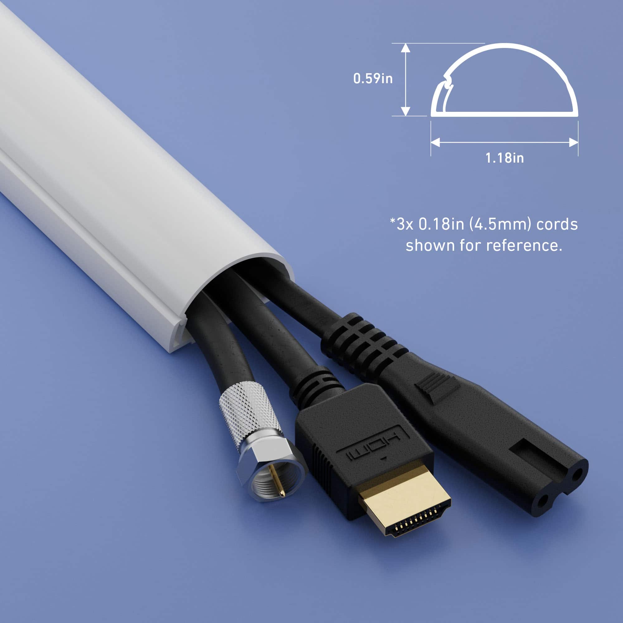 The text on the image reads: "0.59in 1.18in *3x 0.18in (4.5mm) cords shown for reference."
