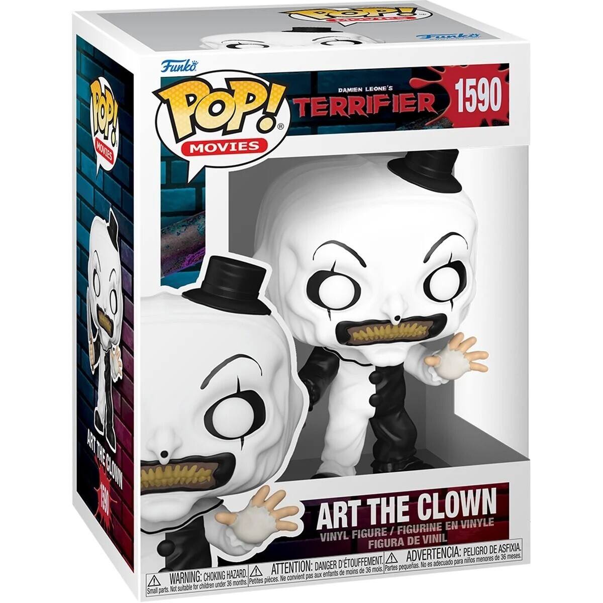 Funko POP! Movies  
DAMIEN LEONE'S TERRIFIER  
ART THE CLOWN  
VINYL FIGURE / FIGURINE EN VINYLE / FIGURA DE VINIL  

WARNING: CHOKING HAZARD. Small parts. Not suitable for children under 36 months.  
ADVERTENCIA: PEORIGRO DE ASFIXIA. Piezas pequeñas. No conviene para niños menores de 36 meses.  
ATTENTION: PELIGRE DE ASFIXIA. Petites pièces. Ne convient pas aux enfants de moins de 36 mois.  

1590