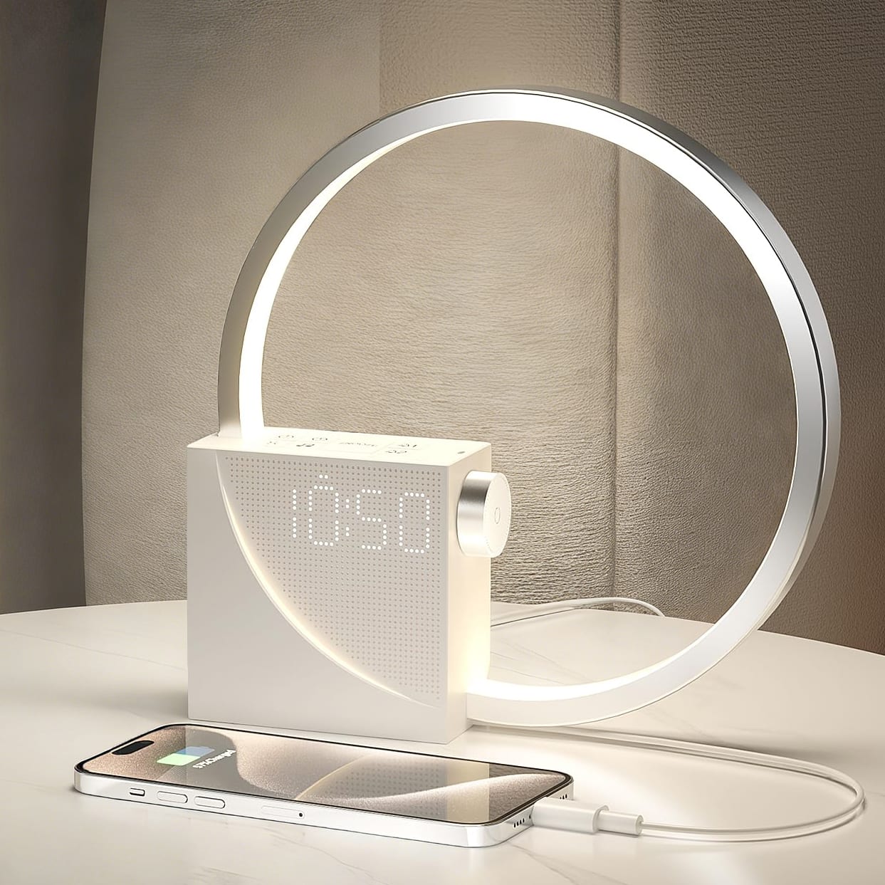 Dazzed Corner - Sunrise Alarm Clock for Heavy Sleepers with 10 White Noise, Snooze & USB Charger Port - Silver