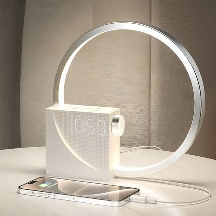 Front. Dazzed Corner - Sunrise Alarm Clock for Heavy Sleepers with 10 White Noise, Snooze & USB Charger Port - Silver.