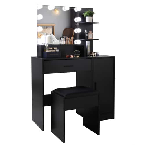 Winado - Makeup Vanity Table Set w/10 LED Adjustable Lighted Mirror Storage Dresser Stool - Black