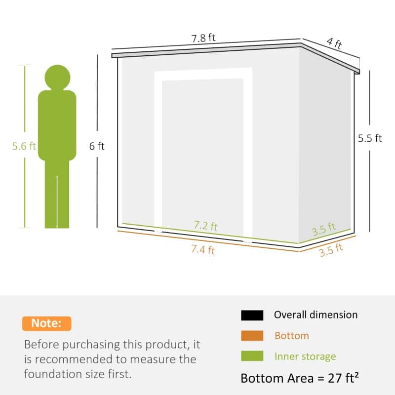 7.8 ft  
4 ft  
5.6 ft  
6 ft  
5.5 ft  
7.2 ft  
7.4 ft  
3.5 ft  

Note: Before purchasing this product, it is recommended to measure the foundation size first.  
Overall dimension  
Bottom Inner storage  
Bottom Area = 27 ft²