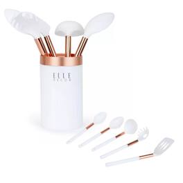 Elle Decor - 6-Piece Nylon Silicone Kitchen Utensil Set with Holder Marble Handle Professional Quality (Rose Gold Accents)