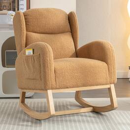 Loheer - Teddy Fabric Rocking Chair Ergonomic Wooden Leg Chair for Living Room - Khaki