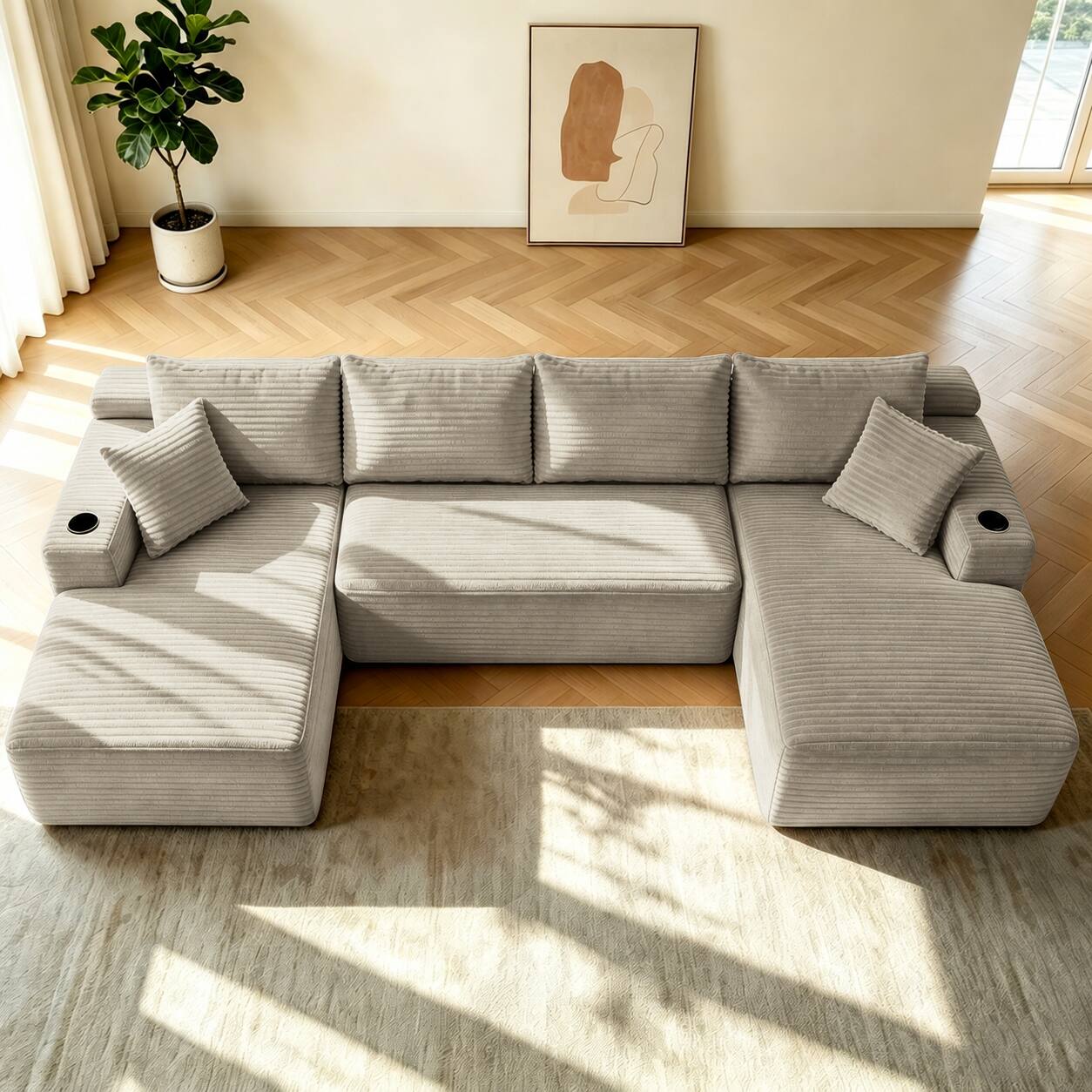 Left. Anysun - 134" Cloud Sectional Sofa, U-Shape Chaise, Side Pockets & Cup Holder, Modern Modular, Deep Seating, No Assembly - Camel.