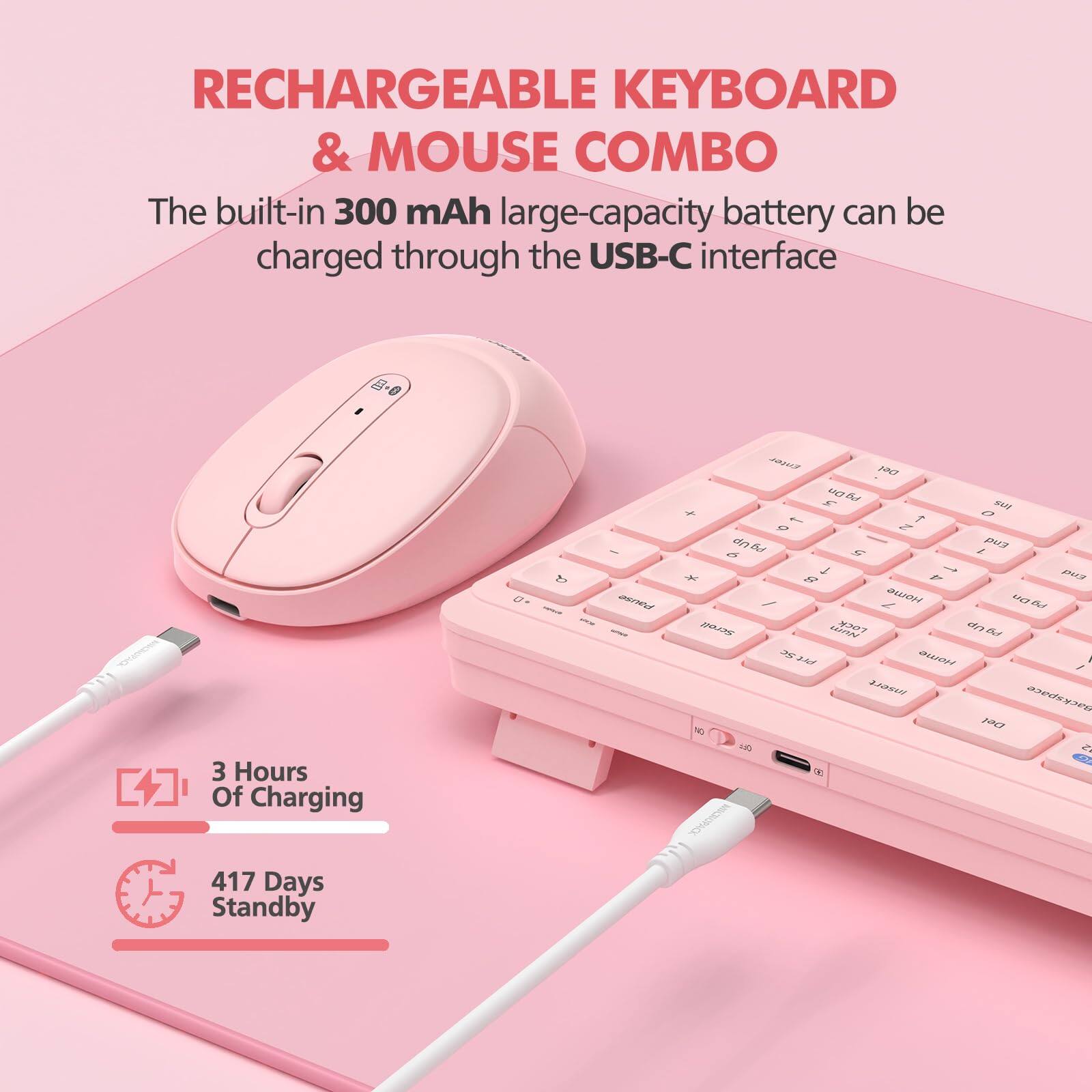RECHARGEABLE KEYBOARD & MOUSE COMBO

The built-in 300 mAh large-capacity battery can be charged through the USB-C interface

3 Hours Of Charging

417 Days Standby