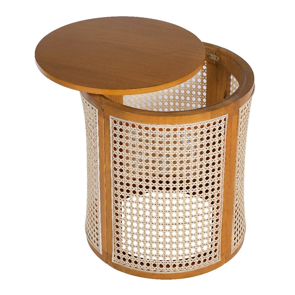 Back. Loheer - Loheer 15.7 Inch Round End Table Hollow Woven Side Table Rubber Wood Nightstand Rattan Tea Desk Ochre - Ochre.