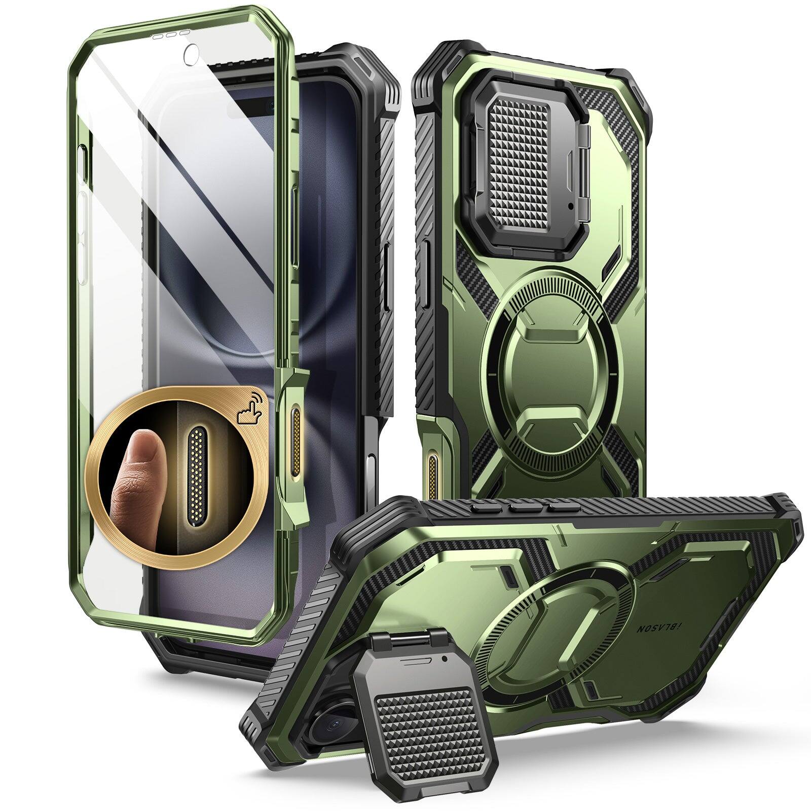 Angle. i-Blason - i-Blason Armorbox Case for iPhone 16 Plus – MagSafe, Kickstand, Screen Protector, Military-Grade - Dark Green.