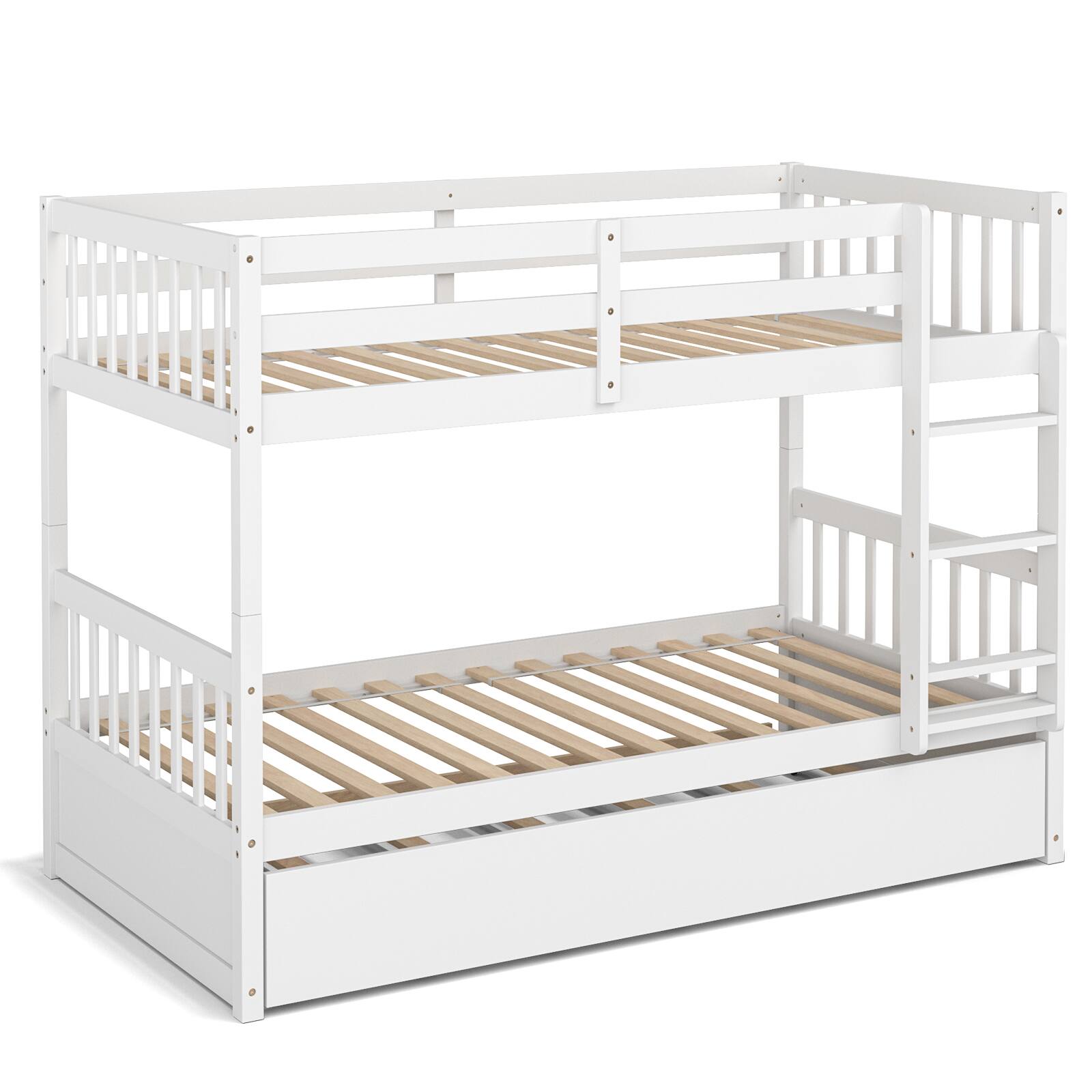 Front. Sugift - Twin Over Twin Bunk Bed with Pull-out Trundle and Ladder - White.