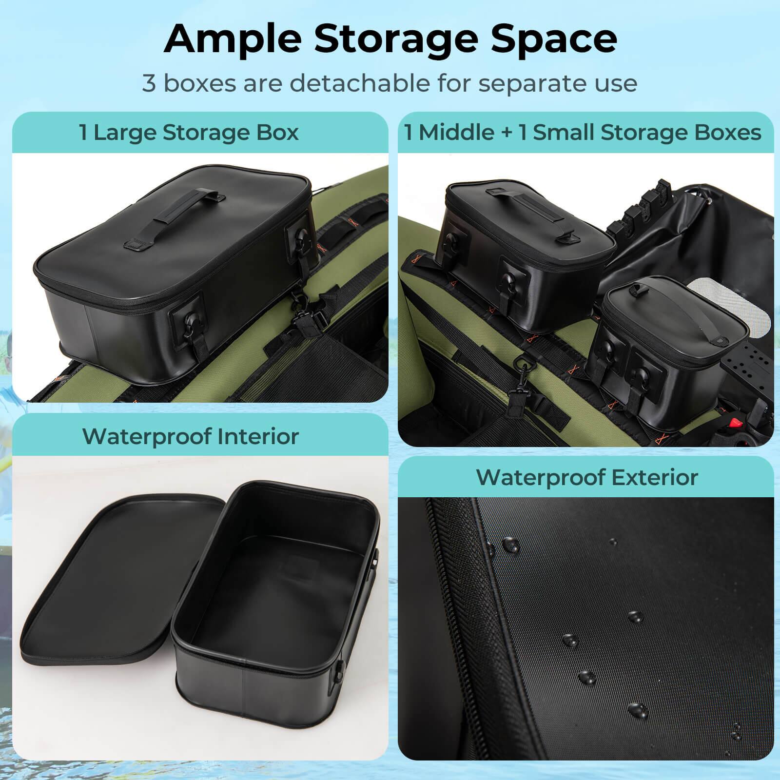 Ample Storage Space  
3 boxes are detachable for separate use  
1 Large Storage Box  
1 Middle + 1 Small Storage Boxes  
Waterproof Interior  
Waterproof Exterior