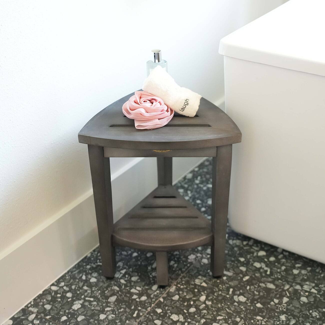 Angle. CoastalVogue - CoastalVogue SnazzyCorner 15" Teak Wood Corner Shower Bench with Shelf in Antique Gray Finish - Antique Gray.