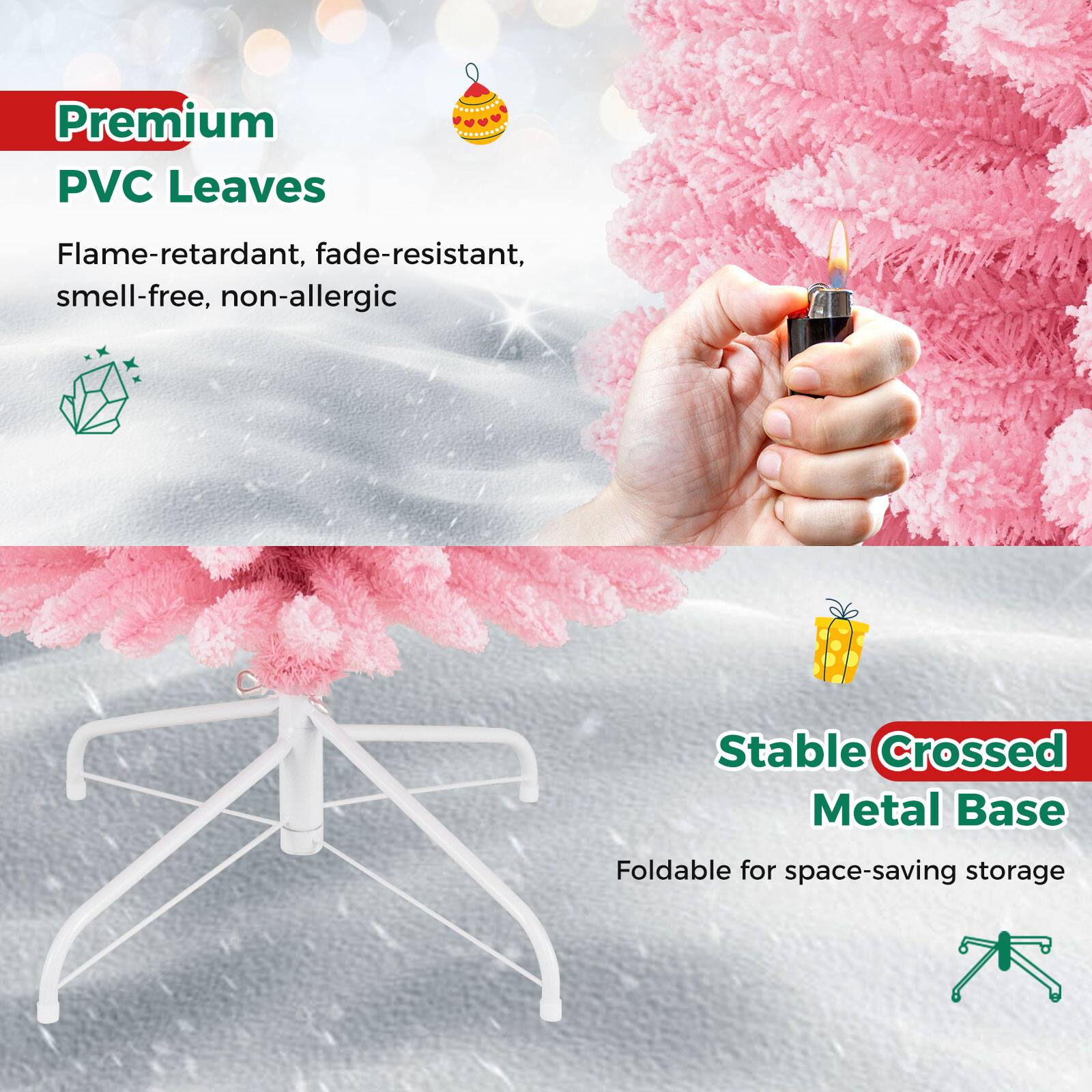 Premium PVC Leaves  
Flame-retardant, fade-resistant, smell-free, non-allergic  

Stable Crossed Metal Base  
Foldable for space-saving storage