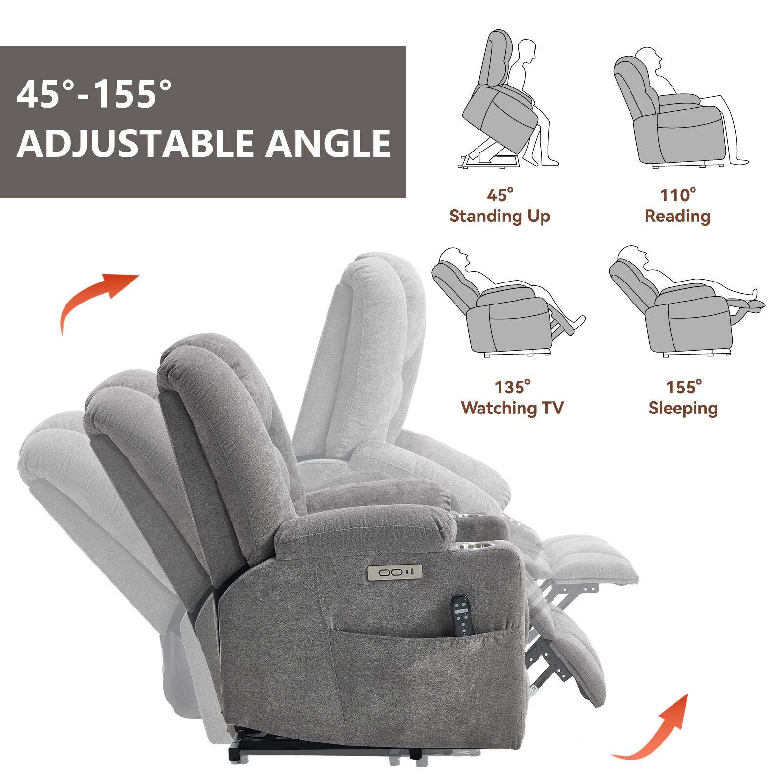 45°-155° Adjustable Angle

45° Standing Up  
110° Reading  
135° Watching TV  
155° Sleeping