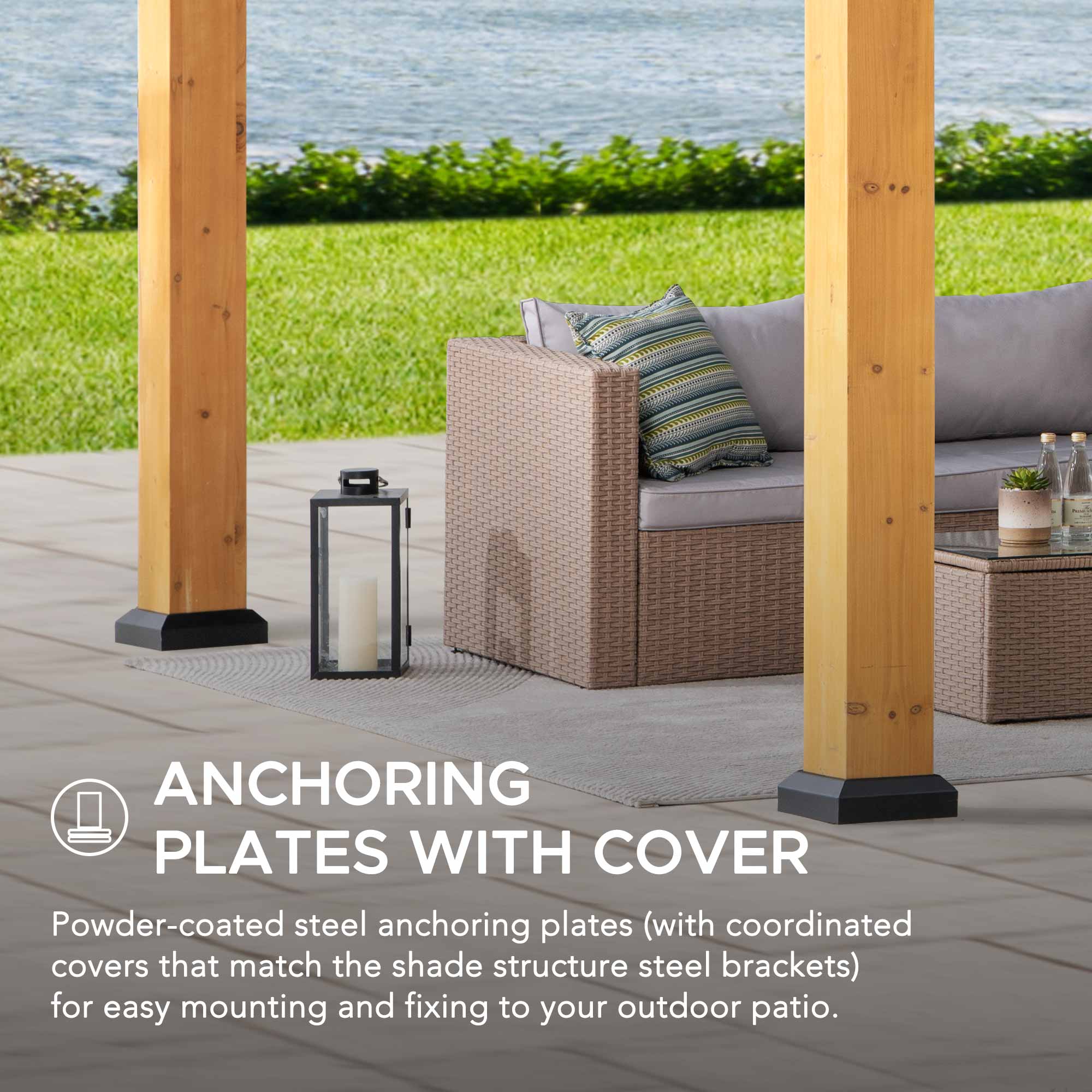 ANCHORING PLATES WITH COVER

Powder-coated steel anchoring plates (with coordinated covers that match the shade structure steel brackets) for easy mounting and fixing to your outdoor patio.