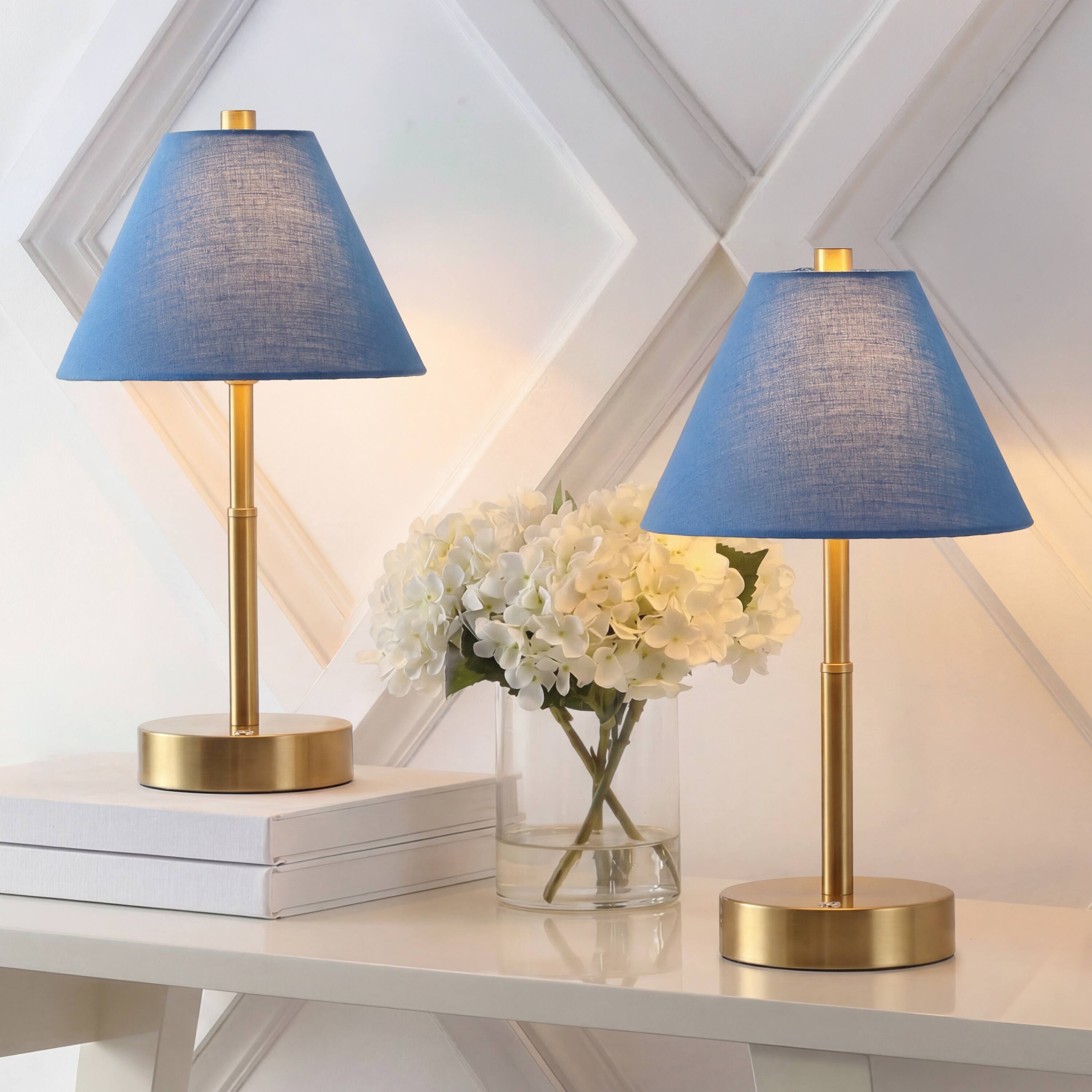 Alt View 1. Jonathan Y - Cordelia 11.13" Metal Candlestick Rechargeable Table Lamp Set of 2 Brass Gold with Blue Shade and Touch Sensor Dimmer - Brass Gold.