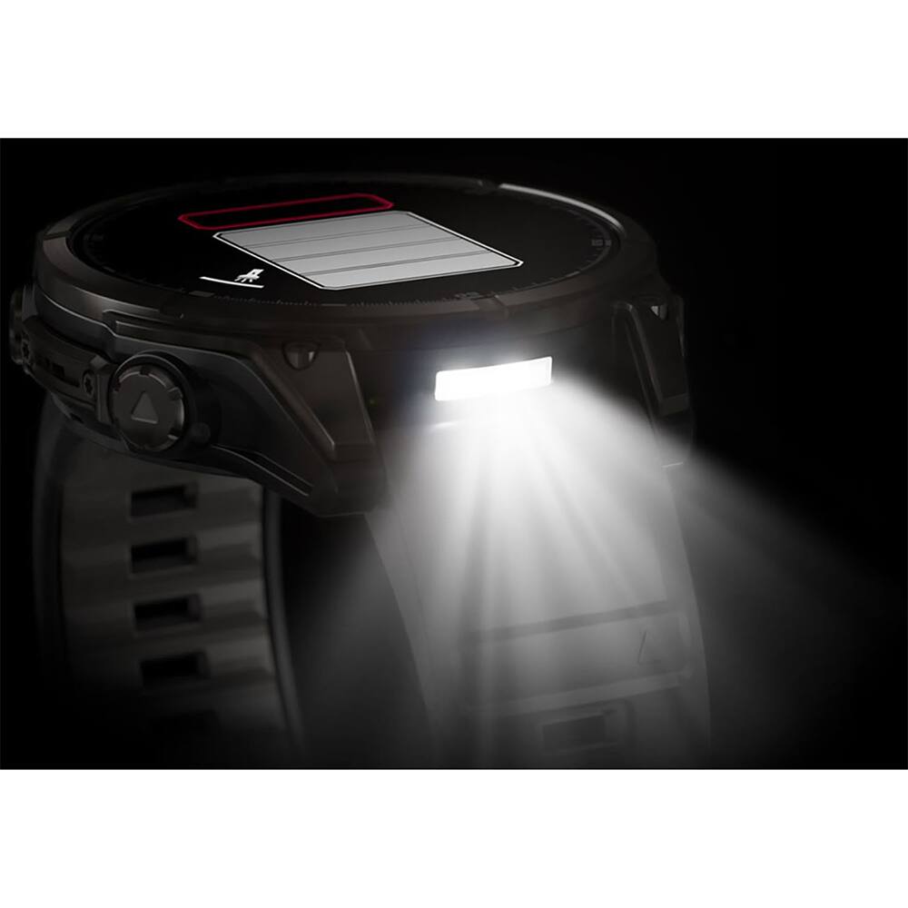 Left. Garmin - fēnix 8 AMOLED Sapphire GPS Smartwatch 47mm Fiber-reinforced polymer + 2-Year Extended Warranty Bundle - Carbon Gray DLC Titanium | Black/Pebble Gray Band.