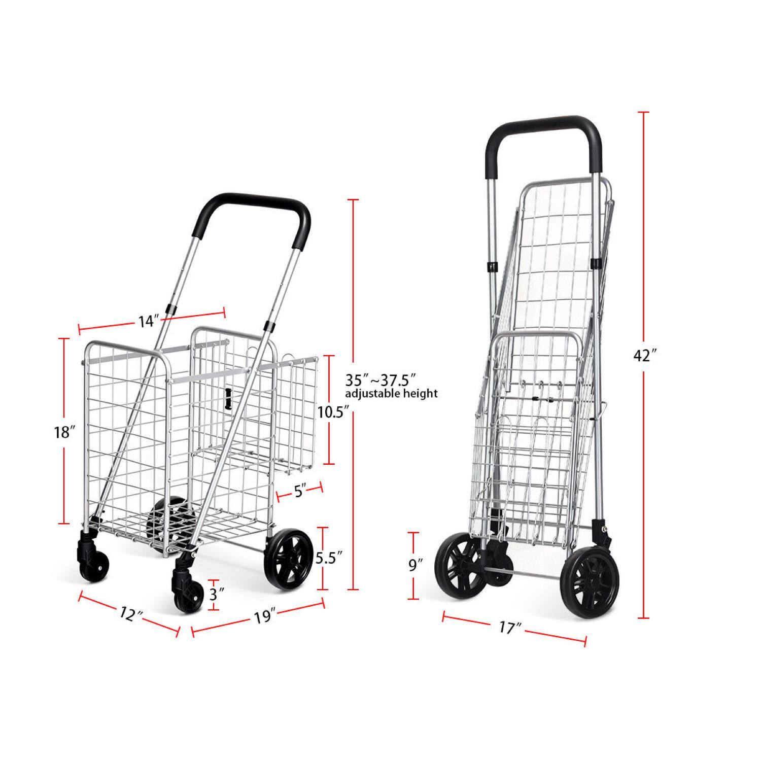 The image shows two shopping carts with their dimensions. The first cart is 14" tall and has a 10.5" handle. The second cart is 18" tall and has a 42" handle. Both carts have an adjustable height of 35" to 37.5". The wheels on the carts are 5" in diameter.