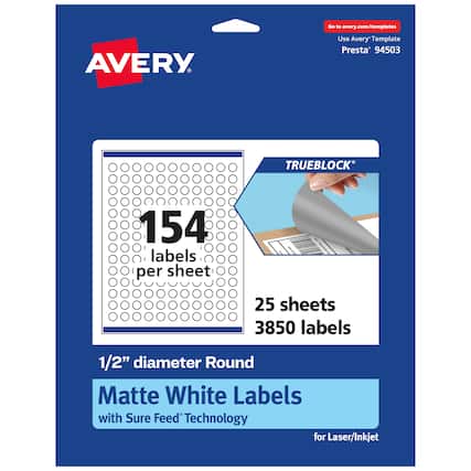 Go to avery.com/templates
AVERY
Use Avery Template Presta 94503
TRUEBLOCK
154 labels per sheet
25 sheets
3850 labels
1/2" diameter Round Matte White Labels with Sure Feed Technology for Laser/Inkjet